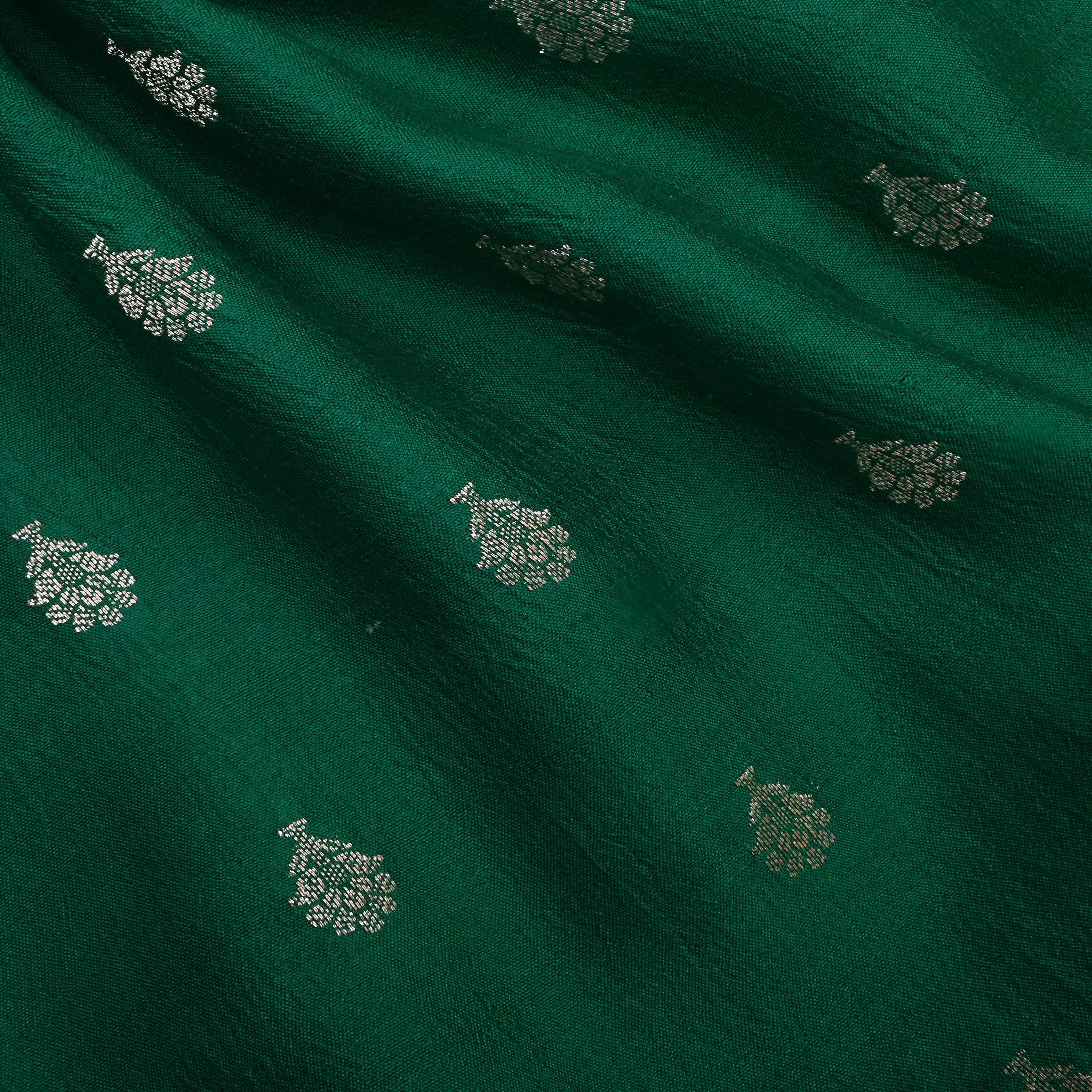 Spruce Green Jamawar Silk Fabric With Floral Butti'S