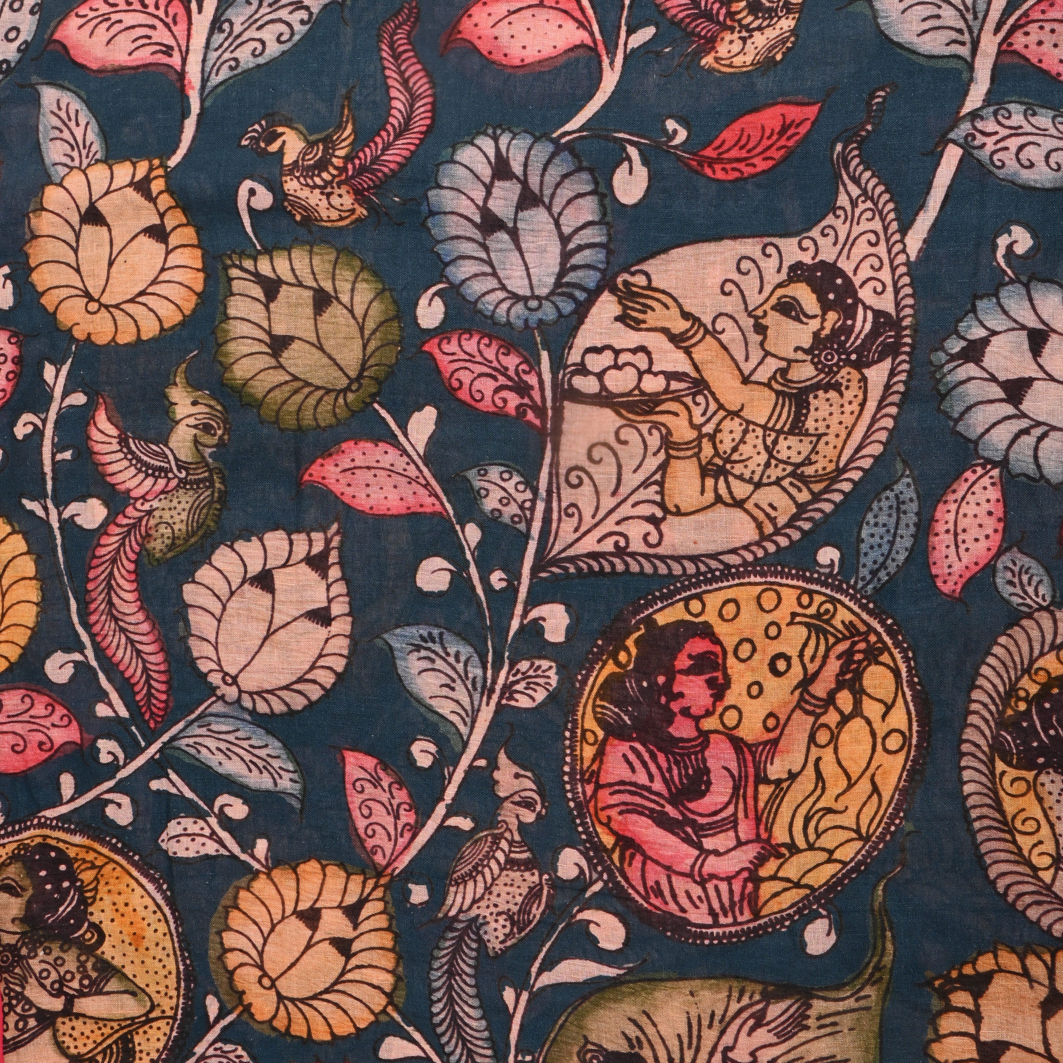 Navy Blue Floral Printed Linen Fabric
