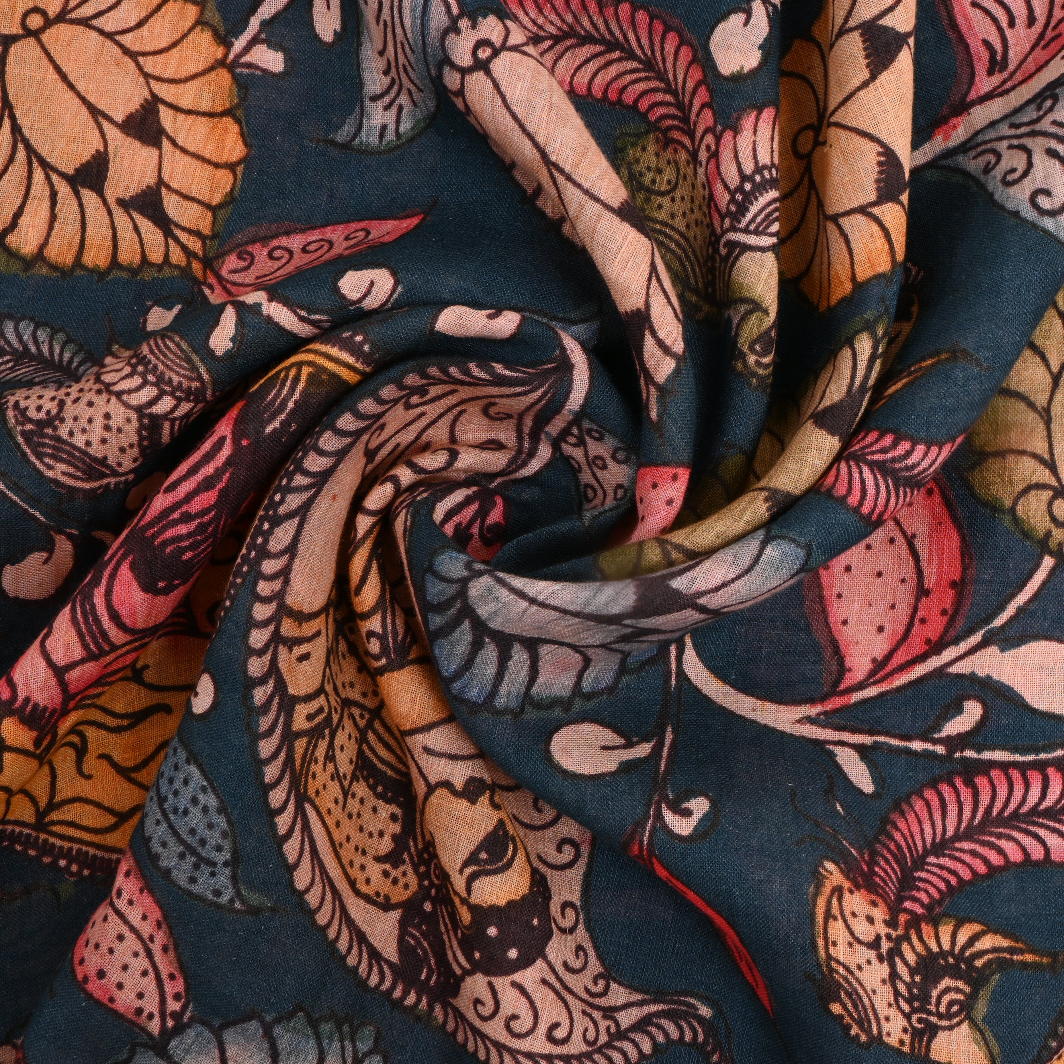 Navy Blue Floral Printed Linen Fabric