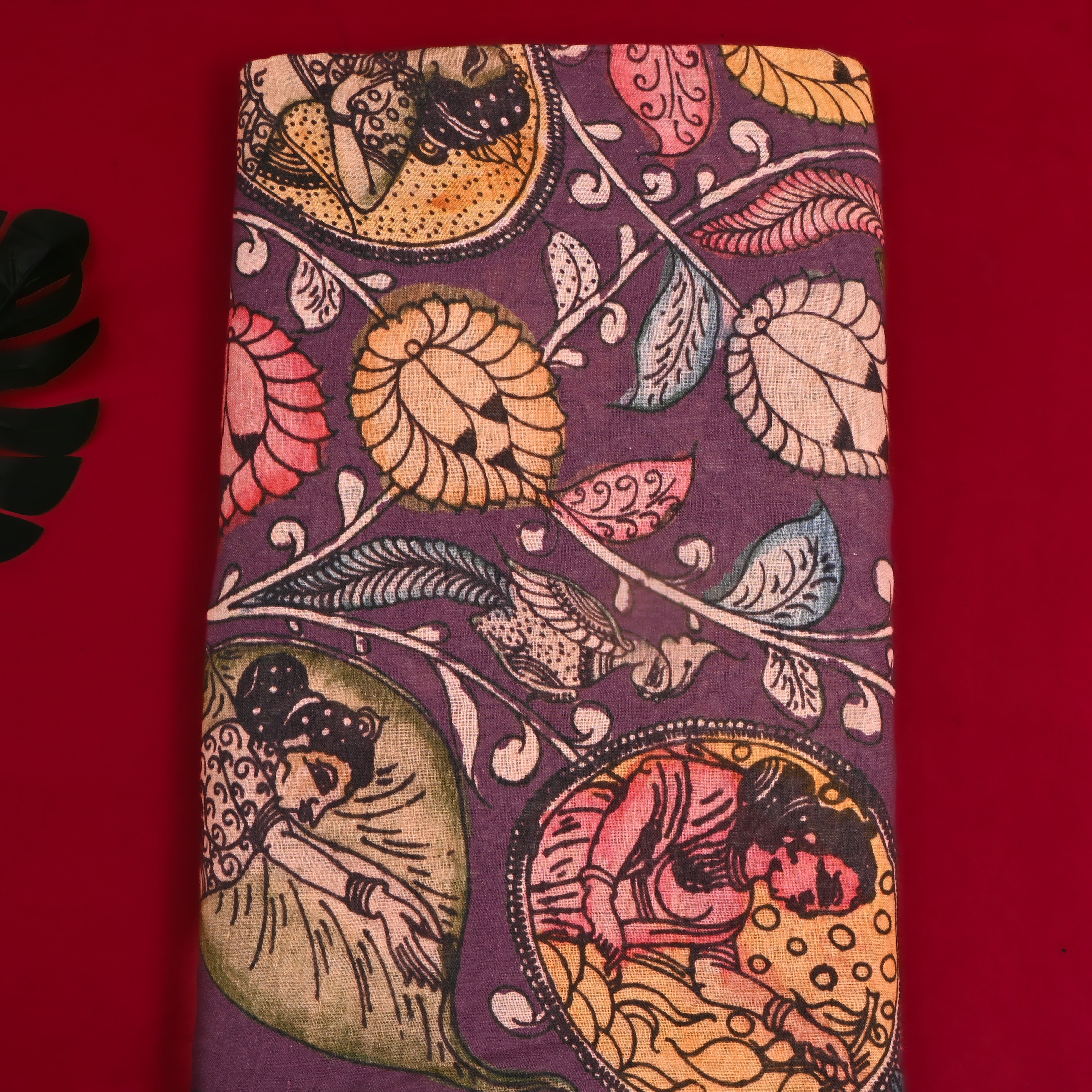 Plum Purple Floral Printed Linen Fabric