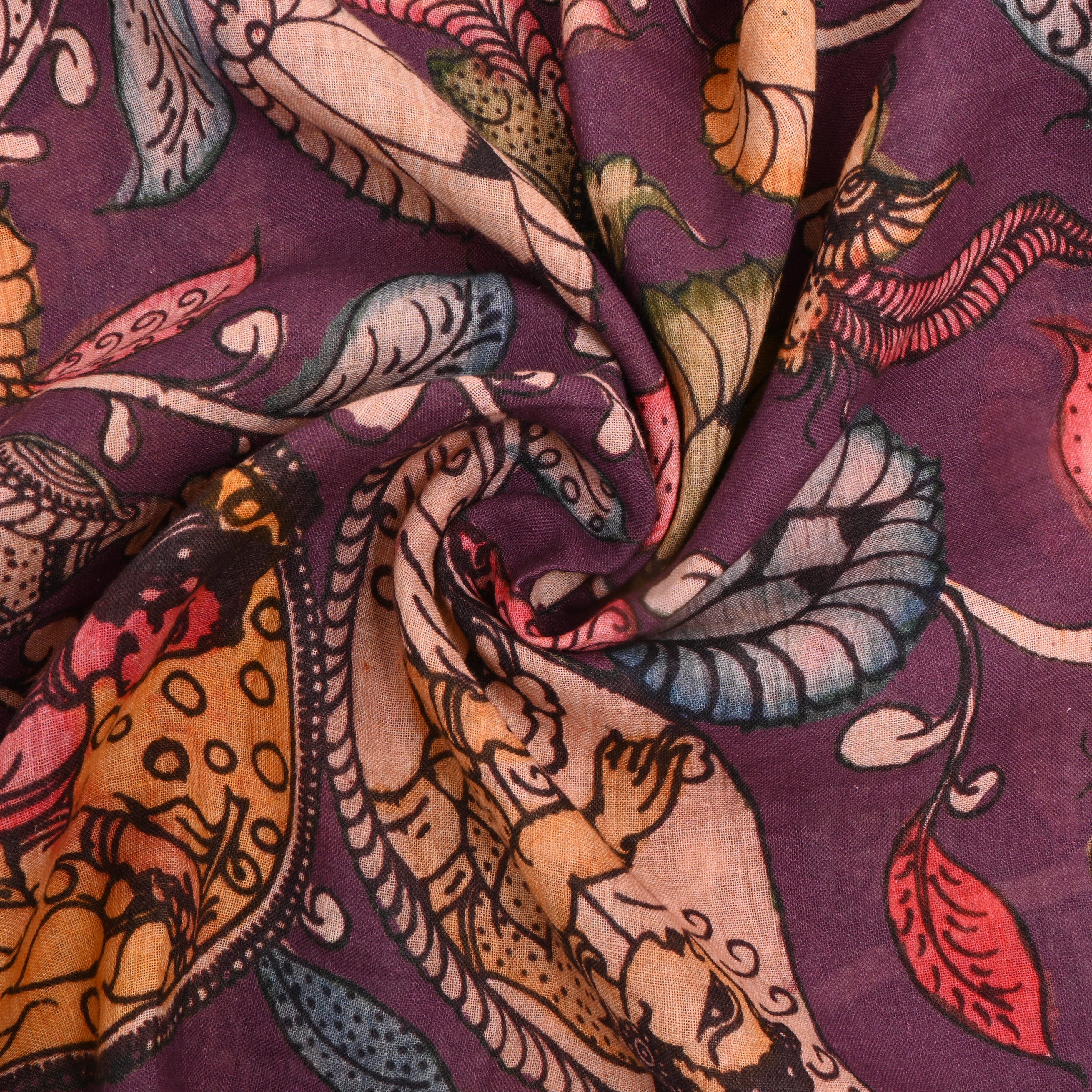 Plum Purple Floral Printed Linen Fabric