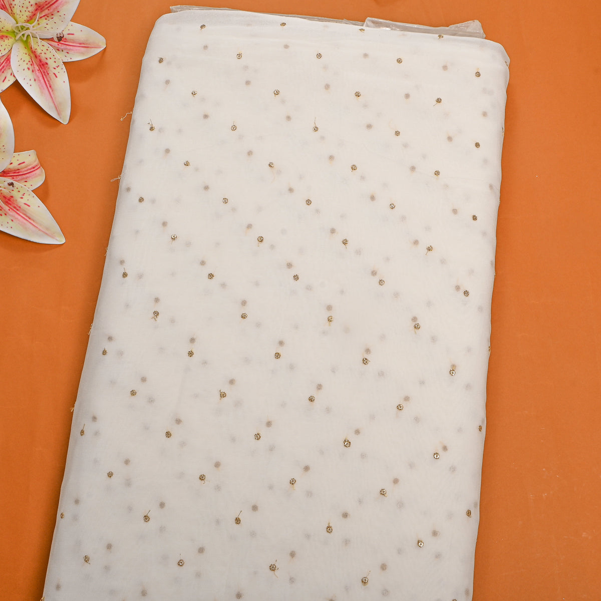 Pearl White Gold Zari Butti Georgette Fabric