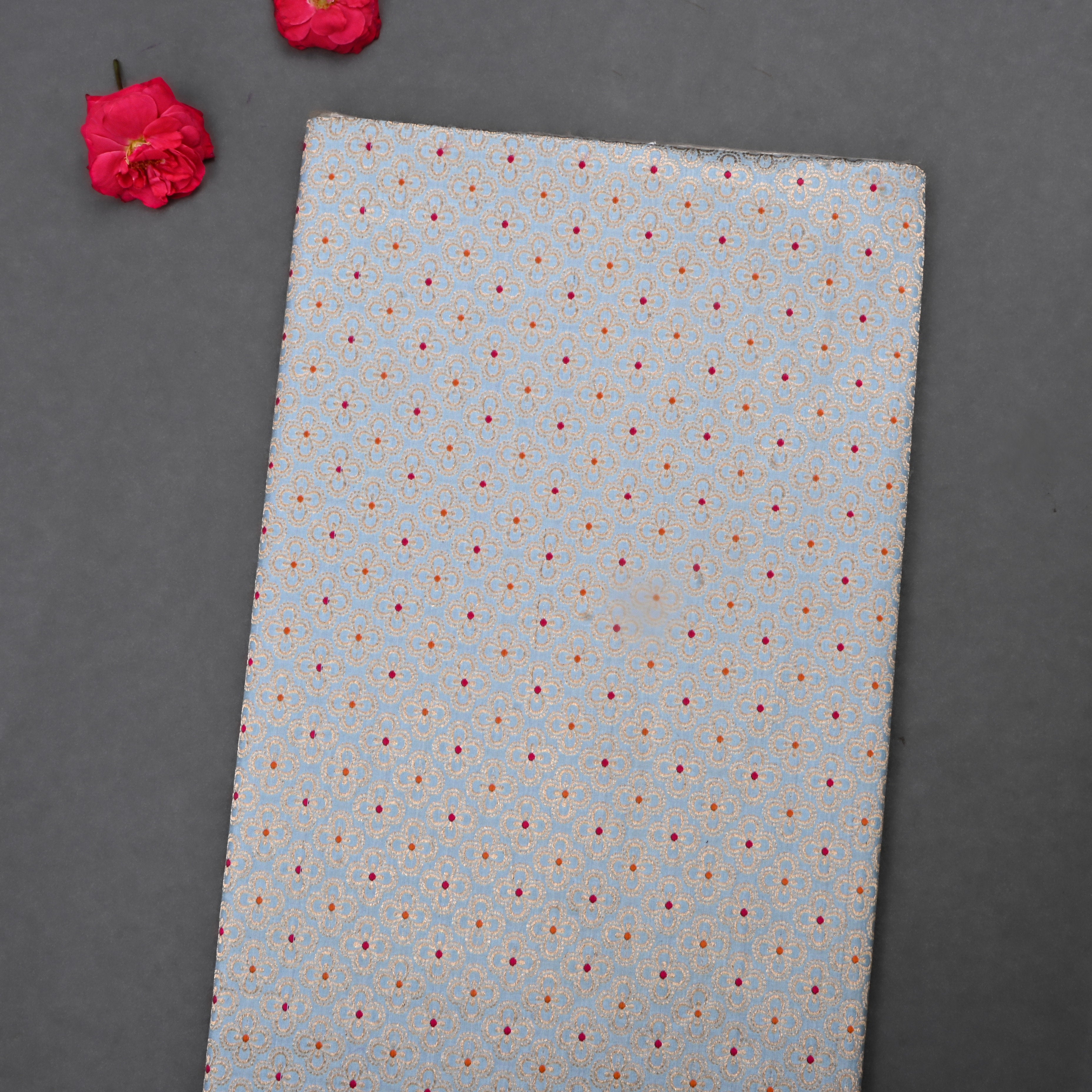 Powder Blue Jamawar Silk Fabric With Floral Motifs