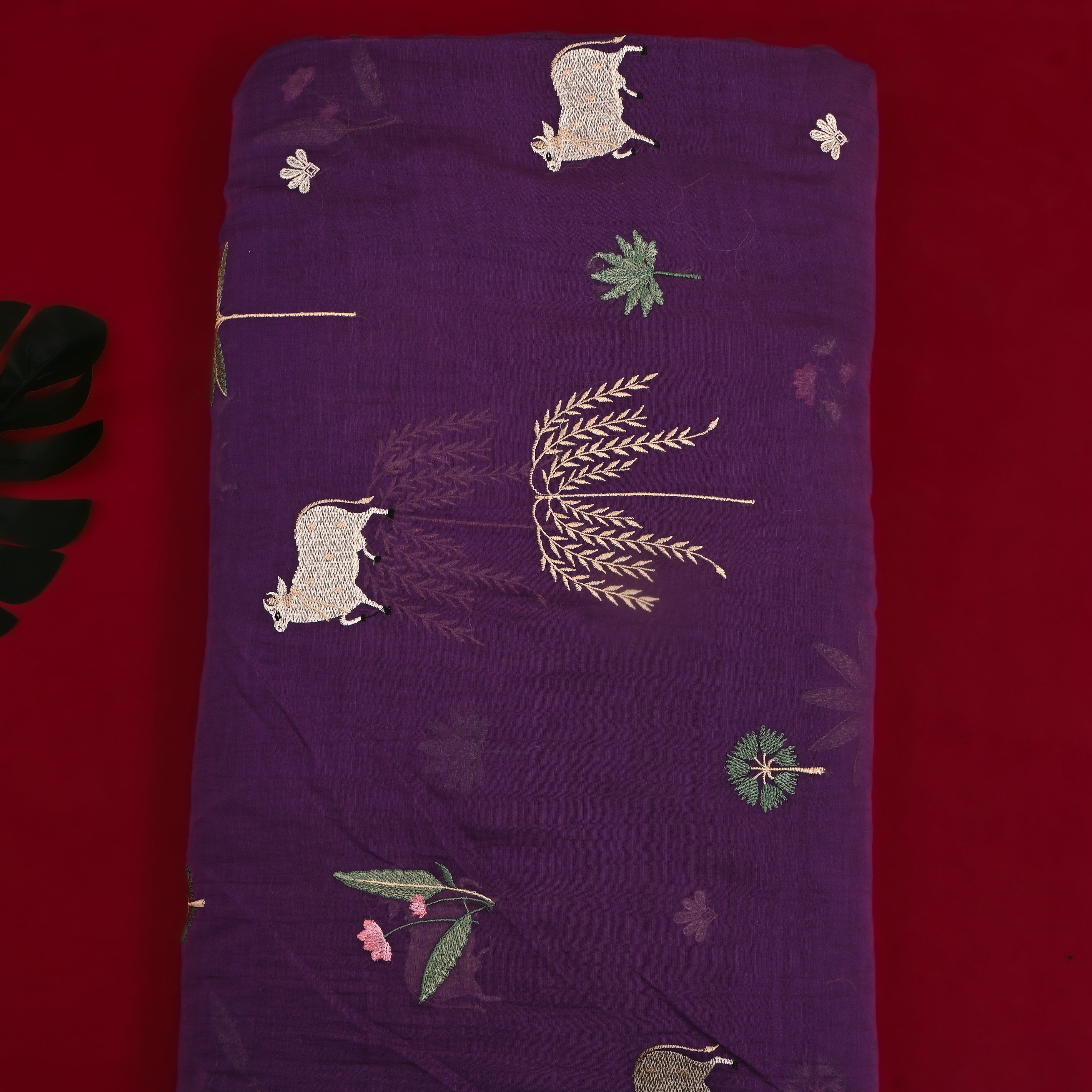 Deep Violet Embroidered Chanderi Fabric