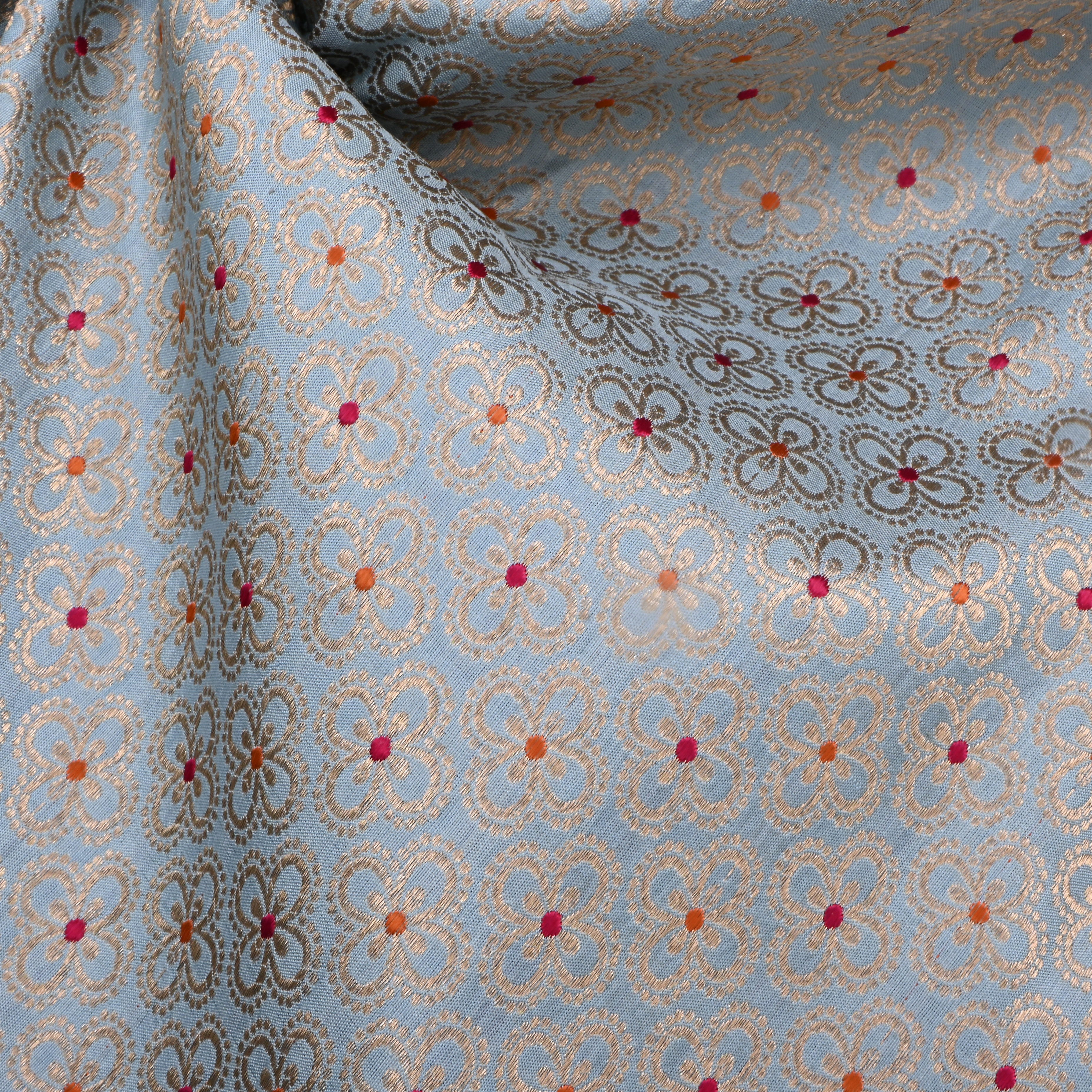 Powder Blue Jamawar Silk Fabric With Floral Motifs