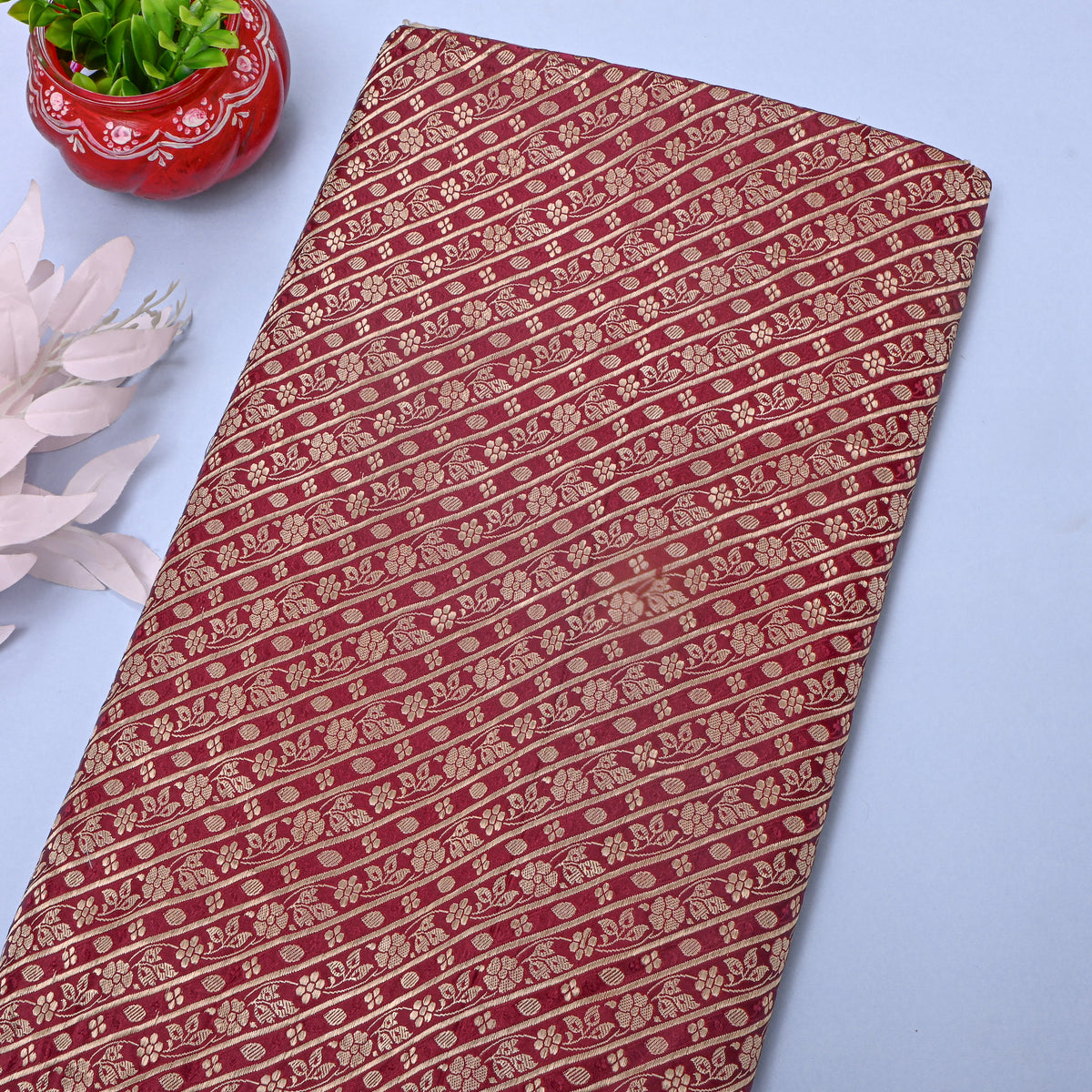 Burgundy Gold Zari Diagonal Floral Stripe Jamawar Silk Fabric