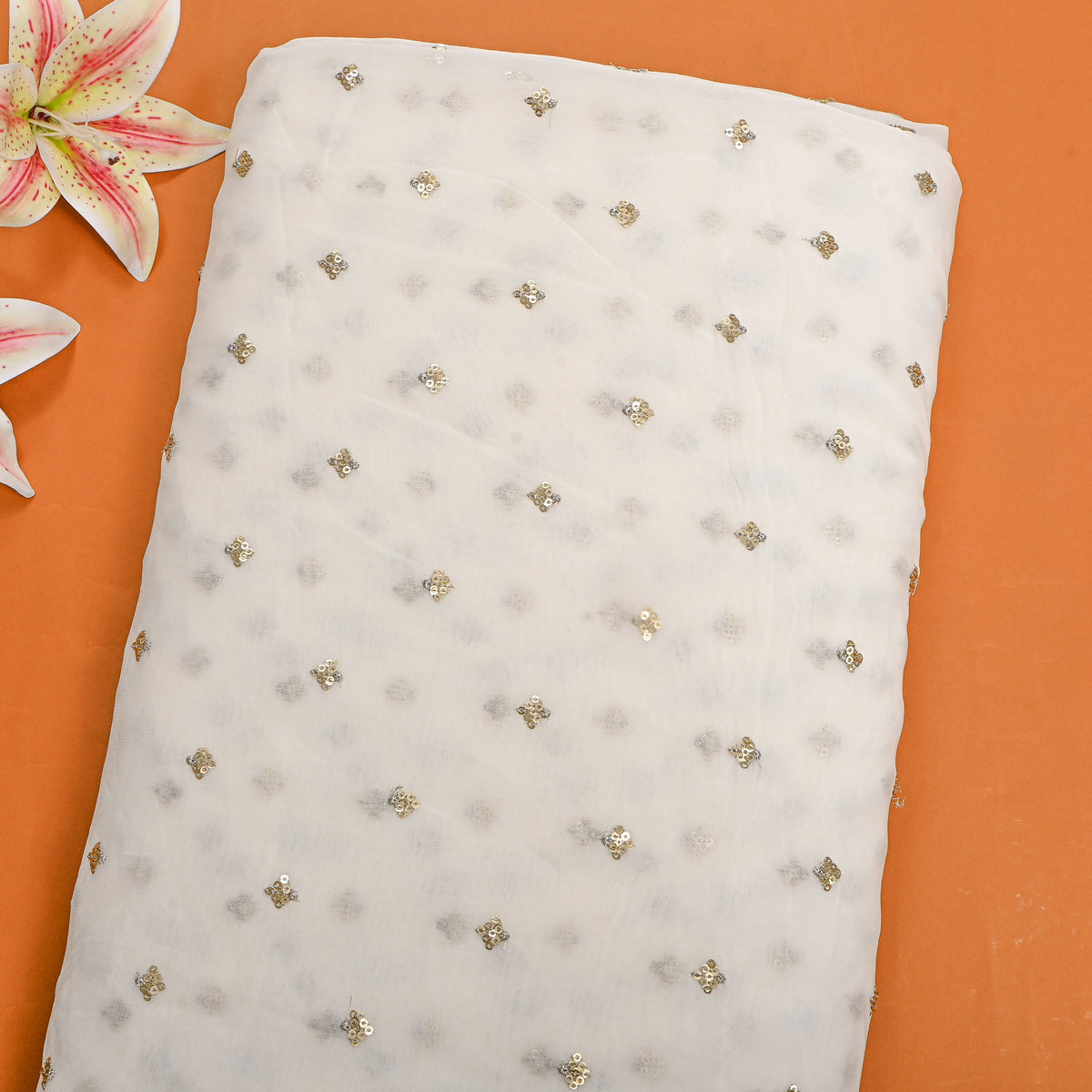 Pearl White Gold Sequin Butti Georgette Fabric