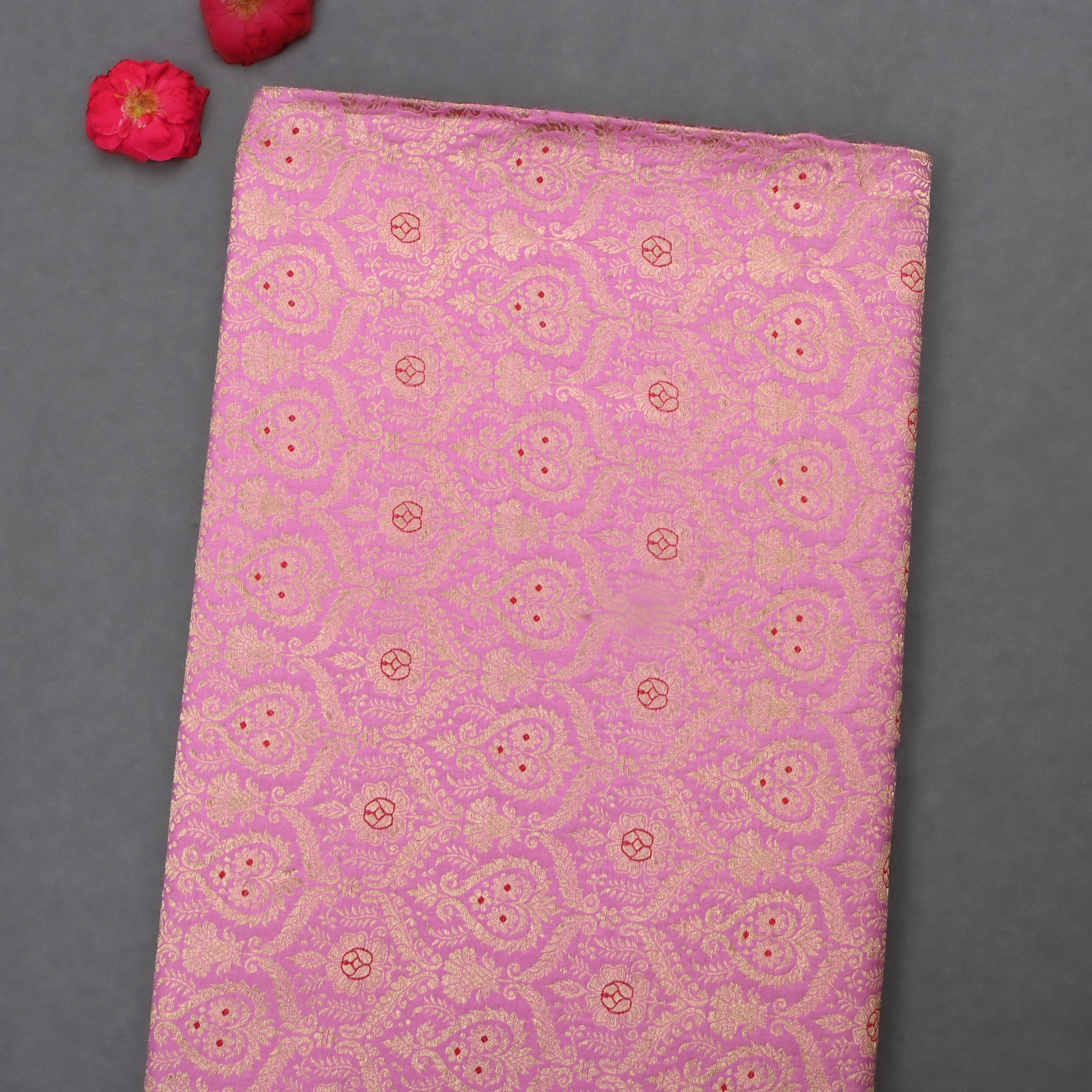 Persian Pink Jamawar Silk Fabric With Woven Patterns