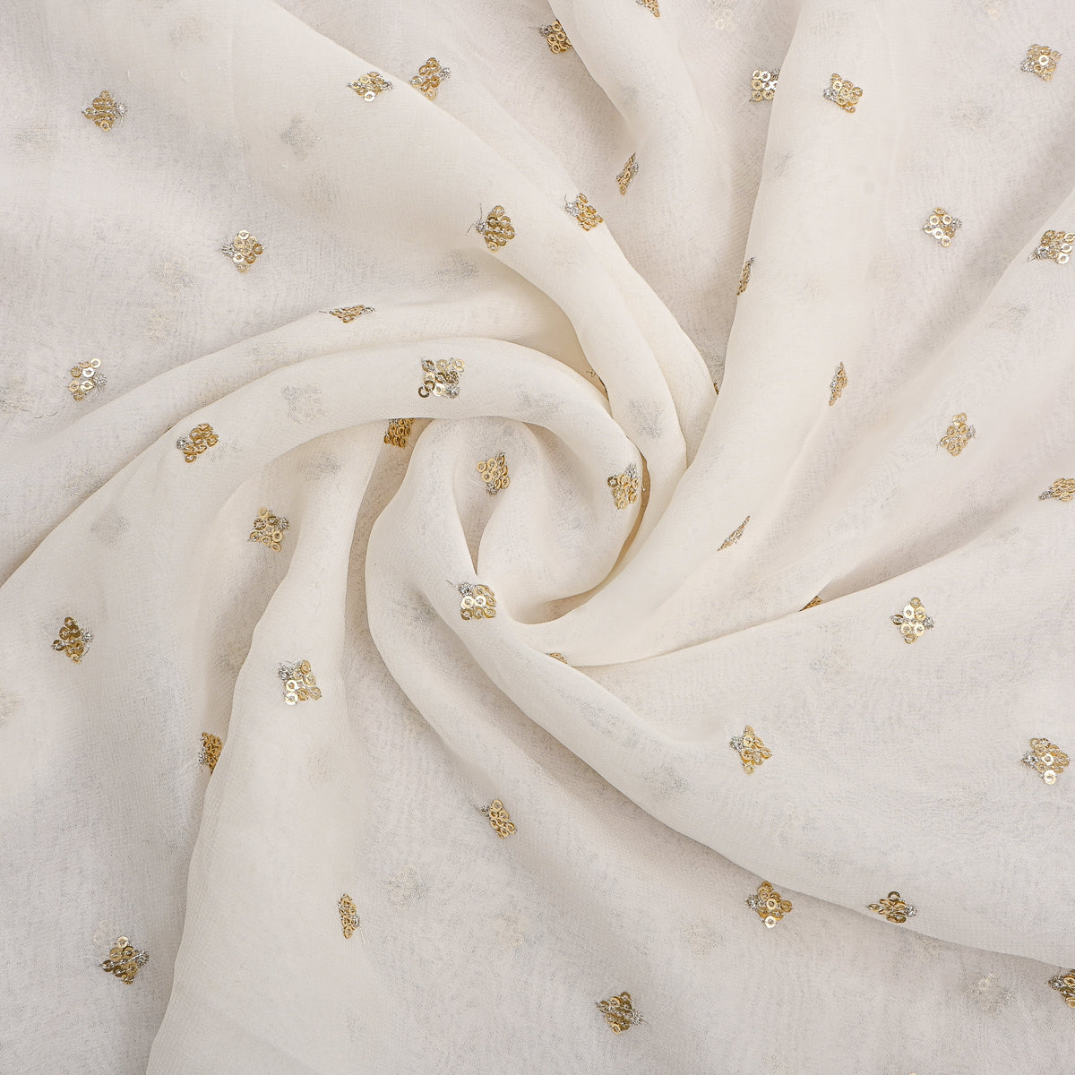 Pearl White Gold Sequin Butti Georgette Fabric