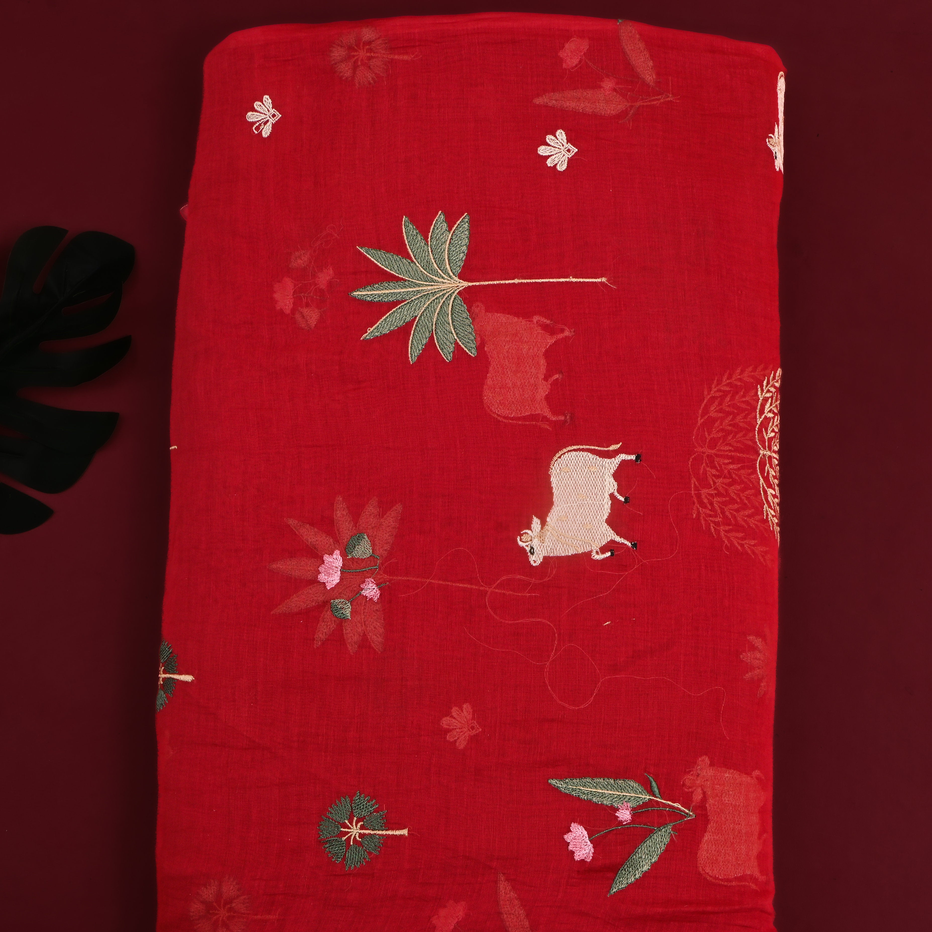 Rich Red Embroidered Chanderi Fabric