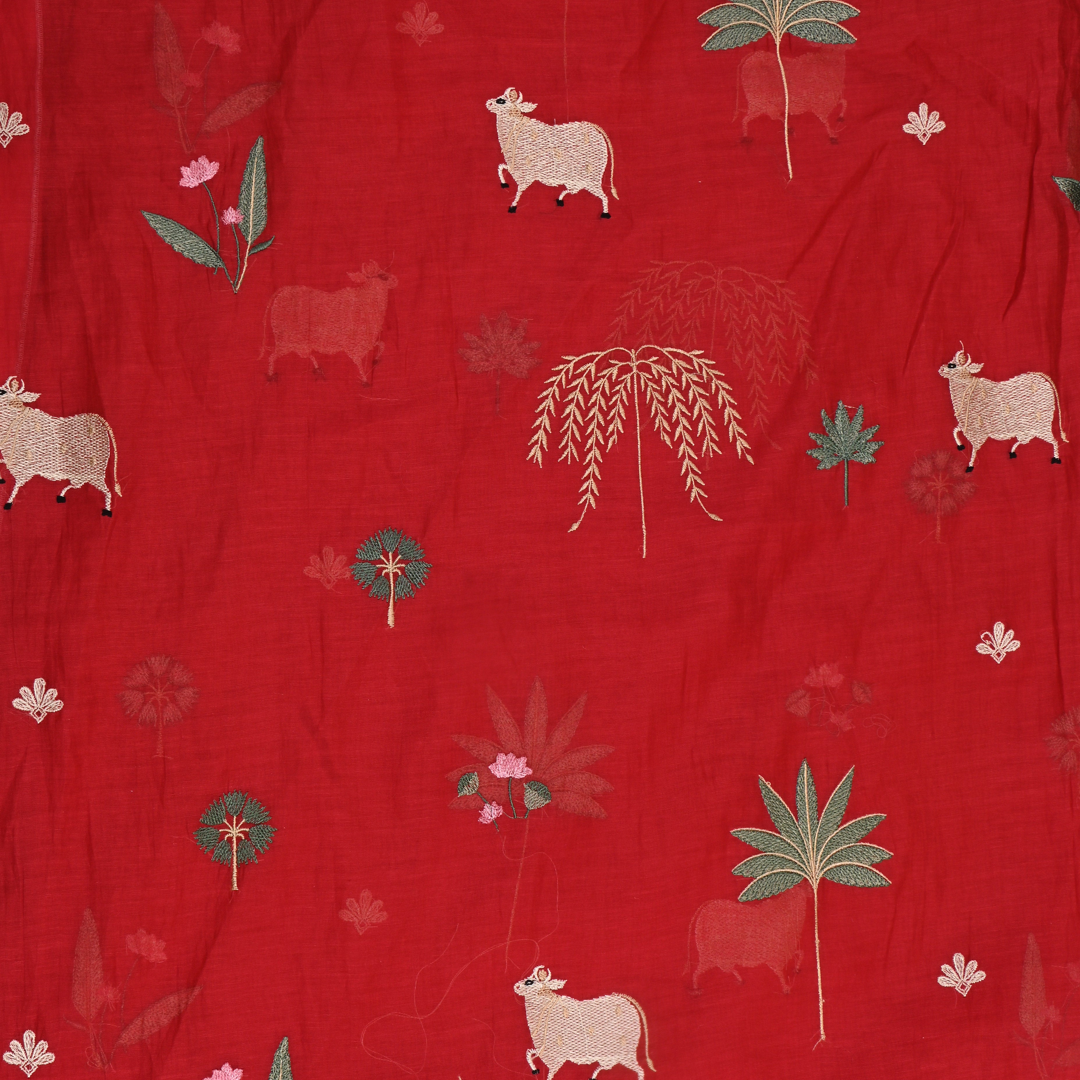 Rich Red Embroidered Chanderi Fabric
