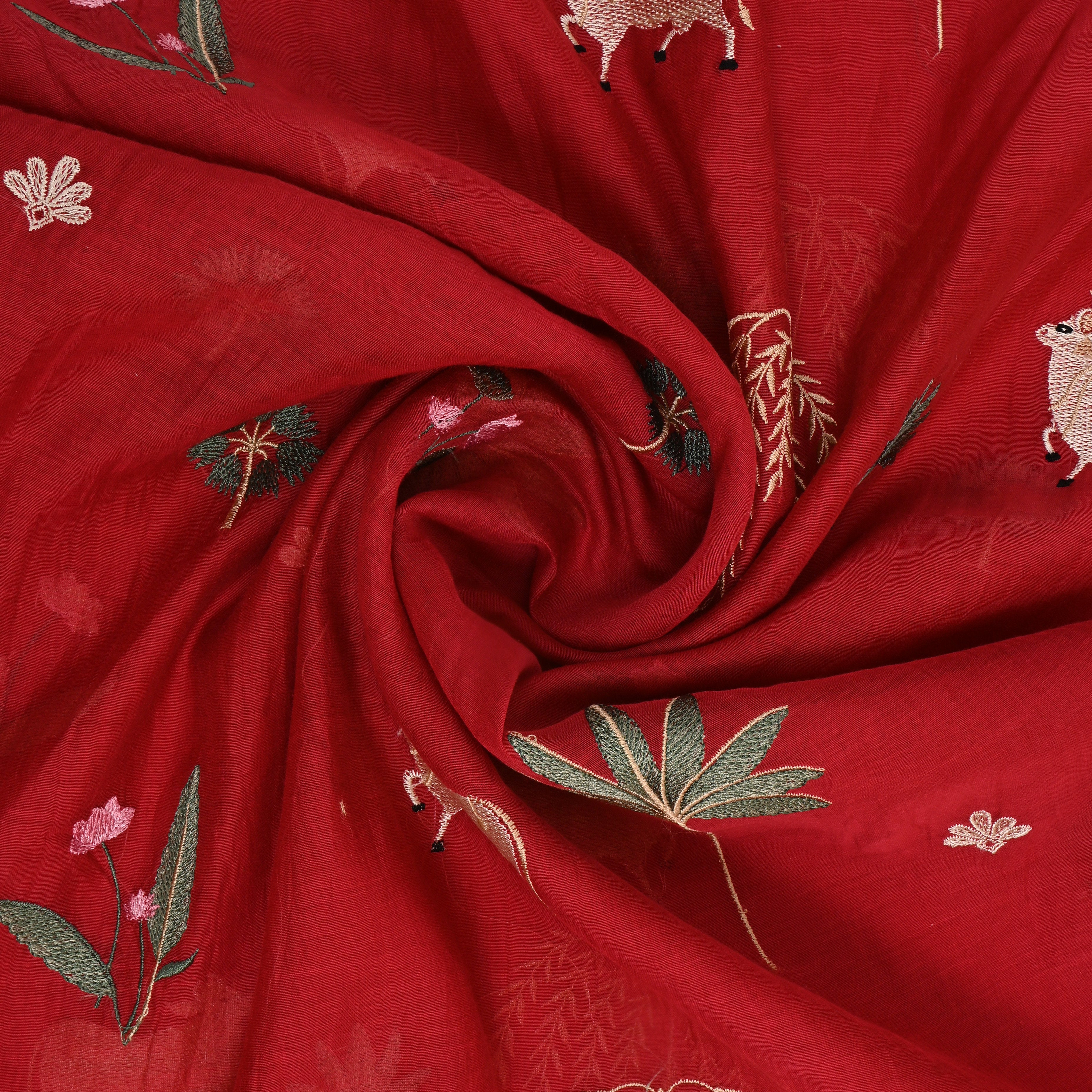Rich Red Embroidered Chanderi Fabric