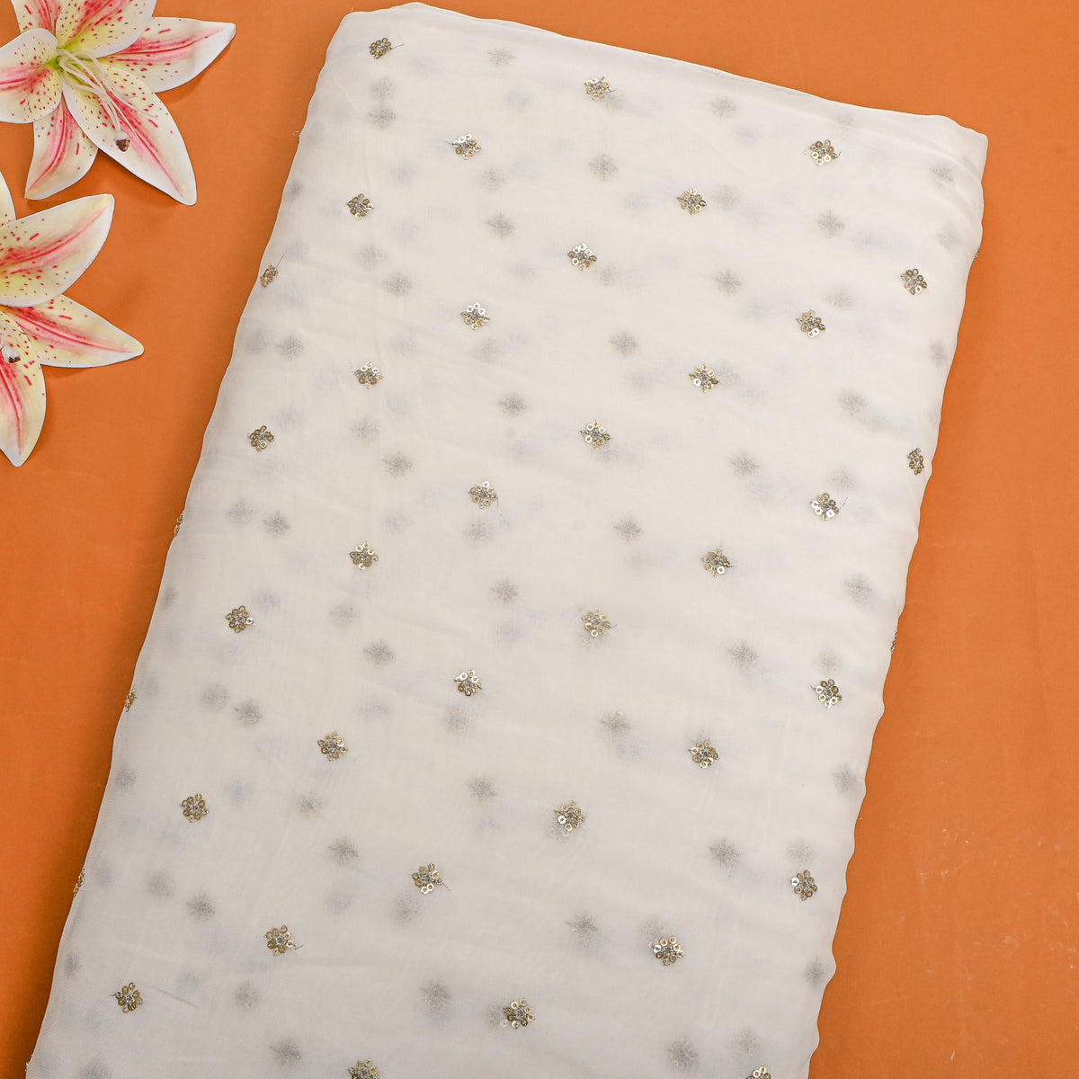 Cotton White Gold Sequin Butti Georgette Fabric