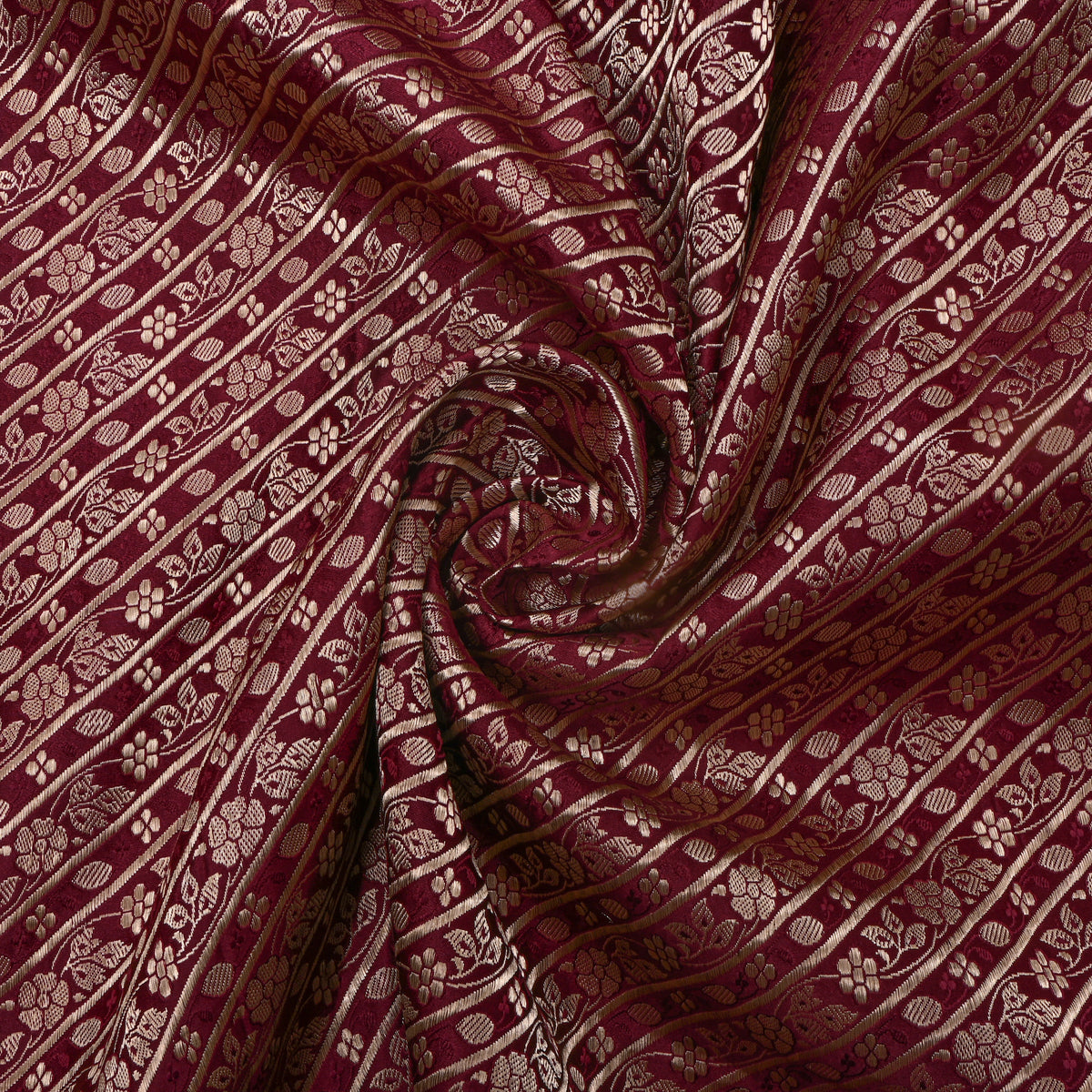 Burgundy Gold Zari Diagonal Floral Stripe Jamawar Silk Fabric