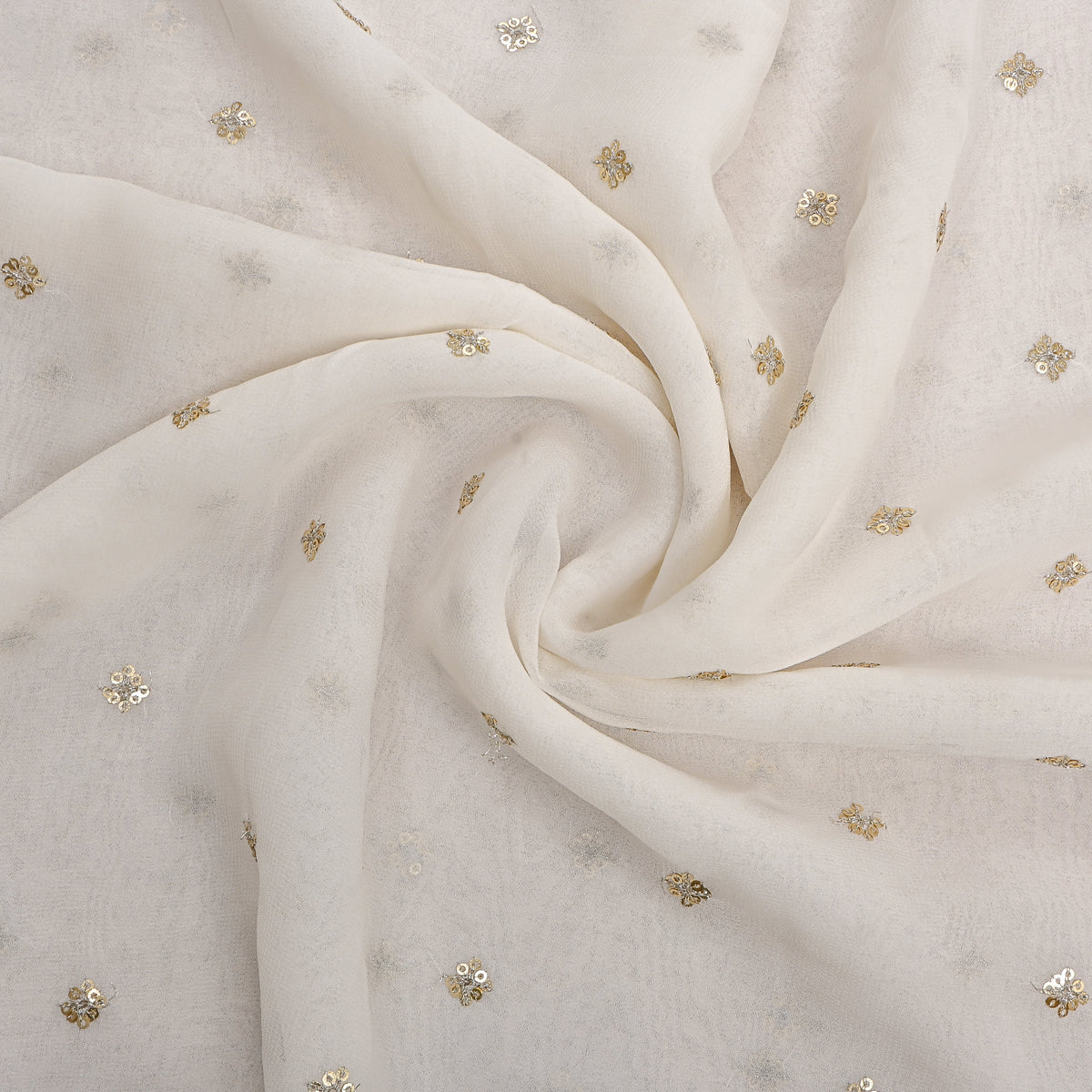 Cotton White Gold Sequin Butti Georgette Fabric