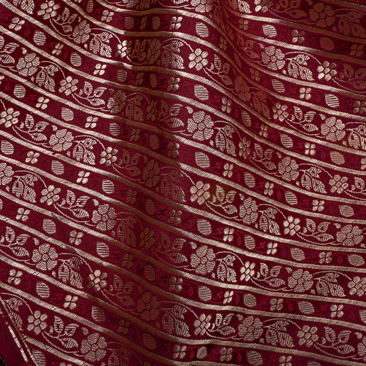 Burgundy Gold Zari Diagonal Floral Stripe Jamawar Silk Fabric