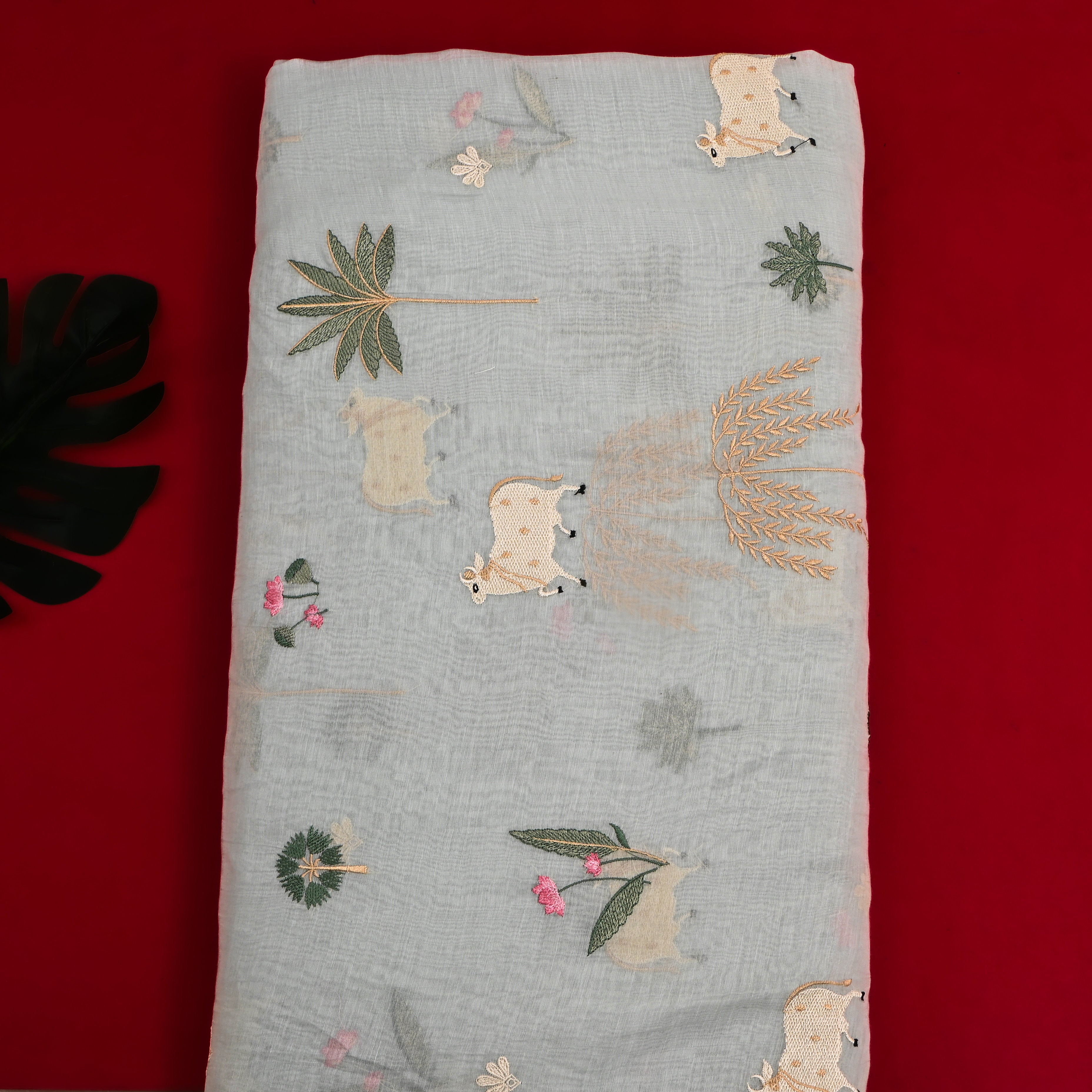 Light Cool Grey Embroidered Chanderi Fabric