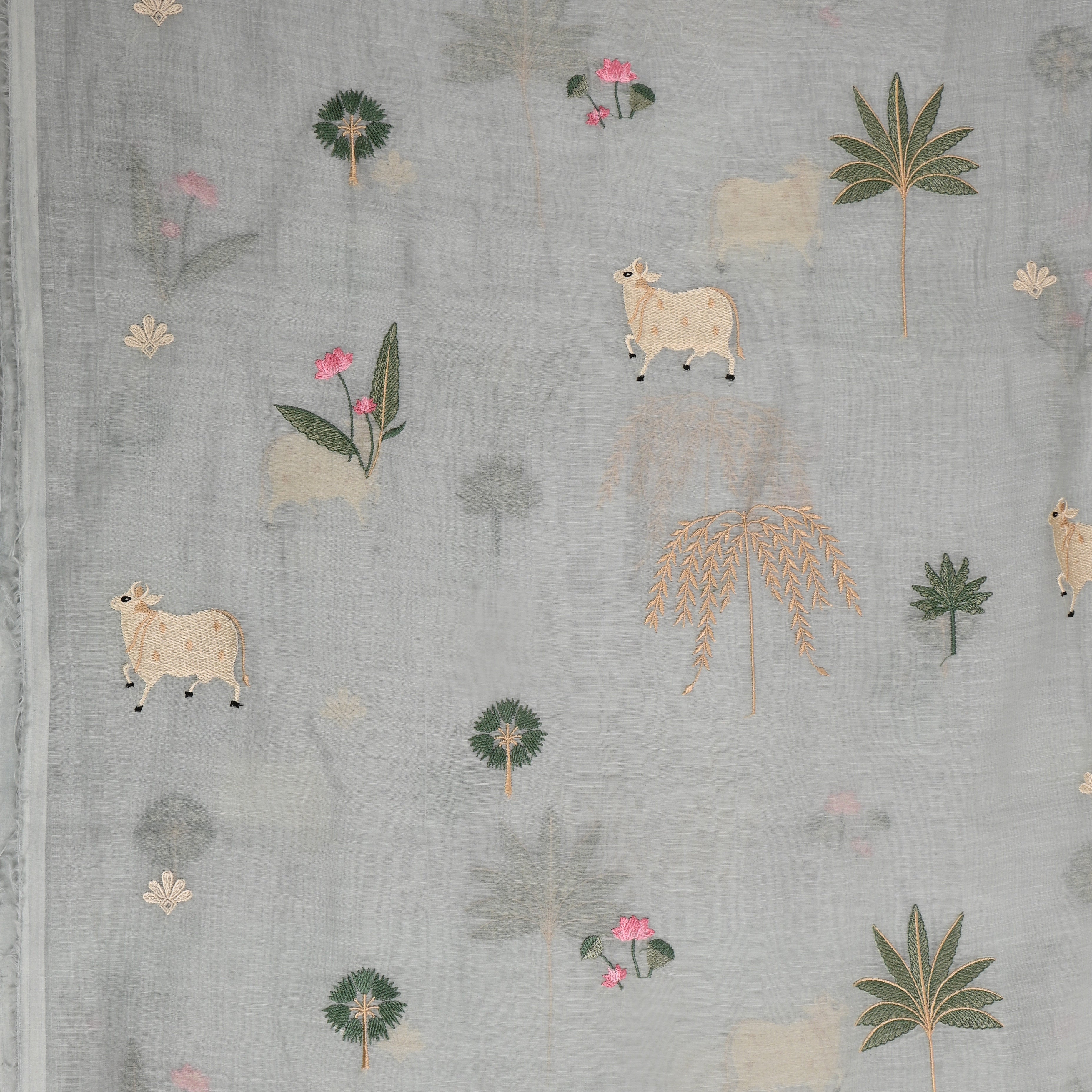Light Cool Grey Embroidered Chanderi Fabric