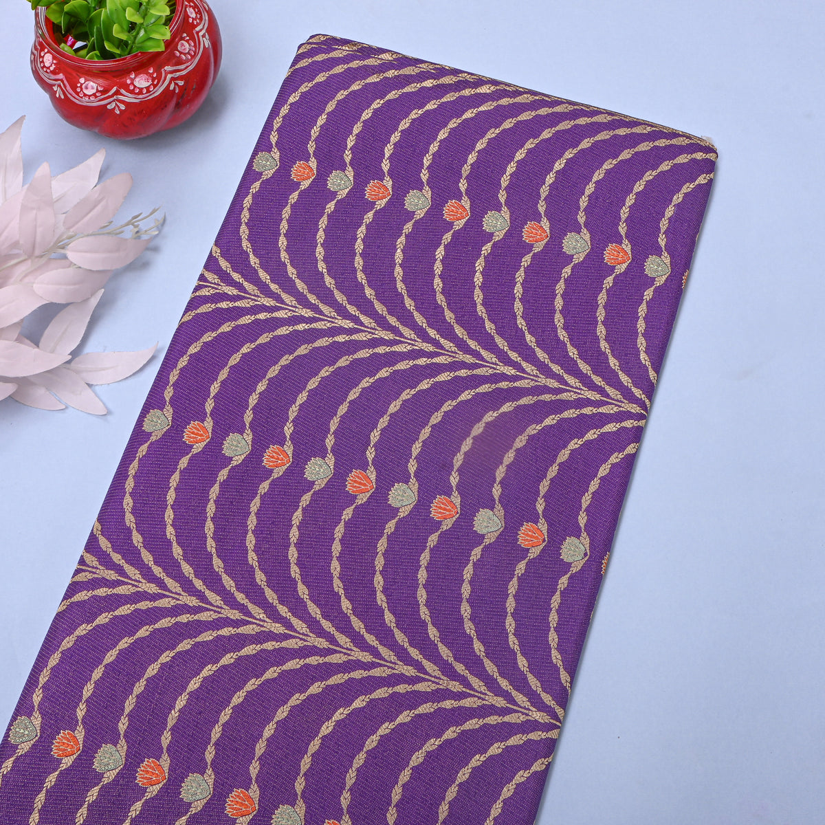 Royal Purple Gold Zari Vine Butti Self Weave Jamawar Silk Fabric