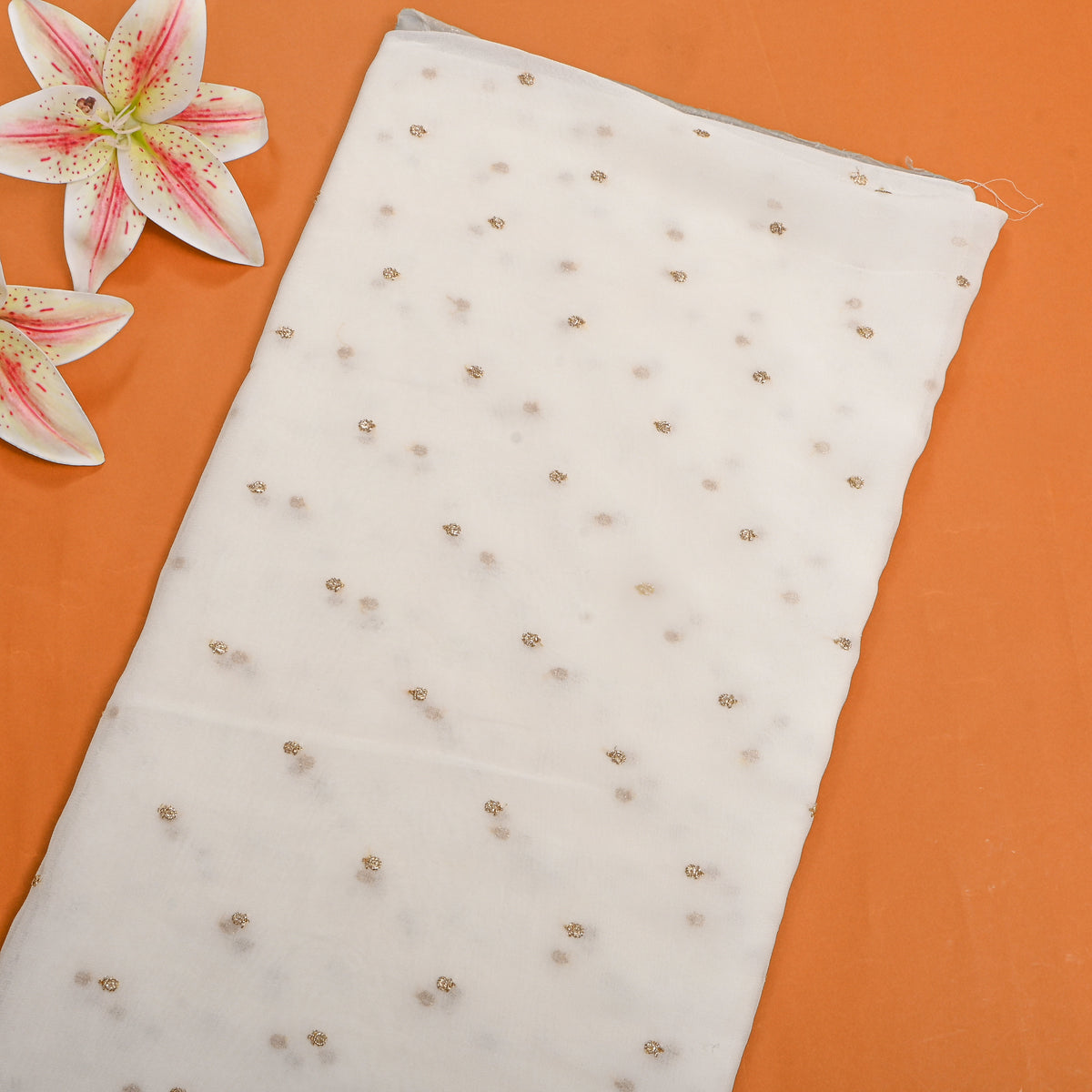 Ivory White Gold Butti Georgette Fabric