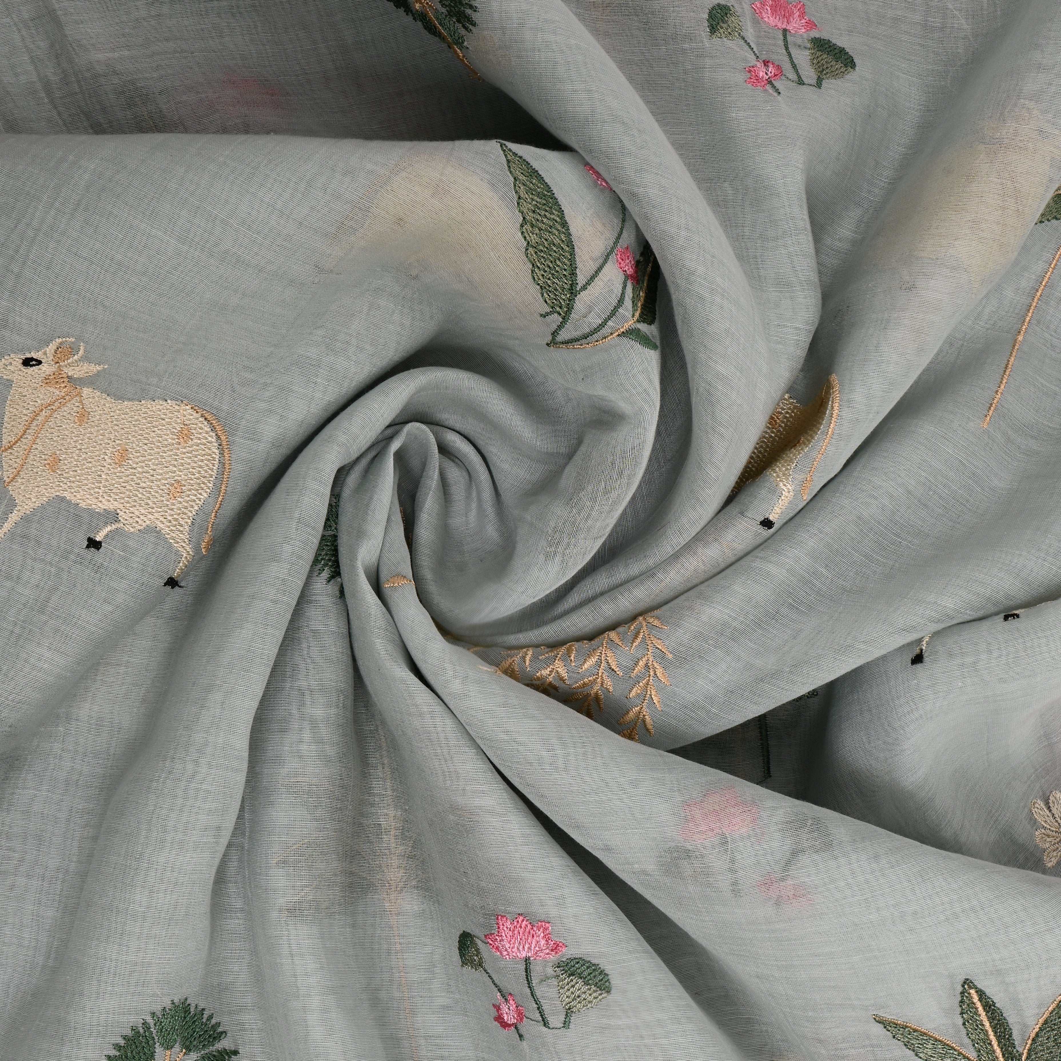 Light Cool Grey Embroidered Chanderi Fabric