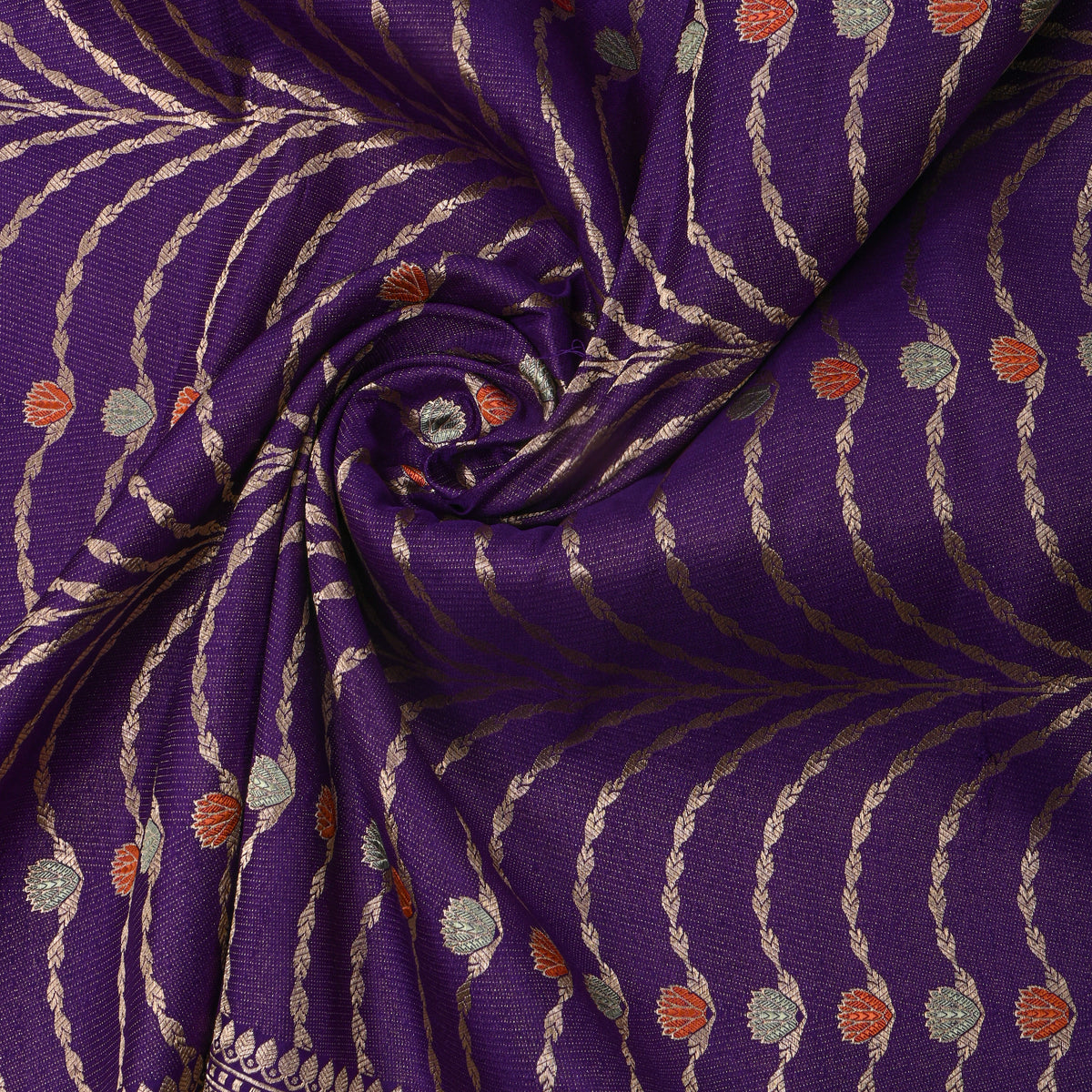 Royal Purple Gold Zari Vine Butti Self Weave Jamawar Silk Fabric