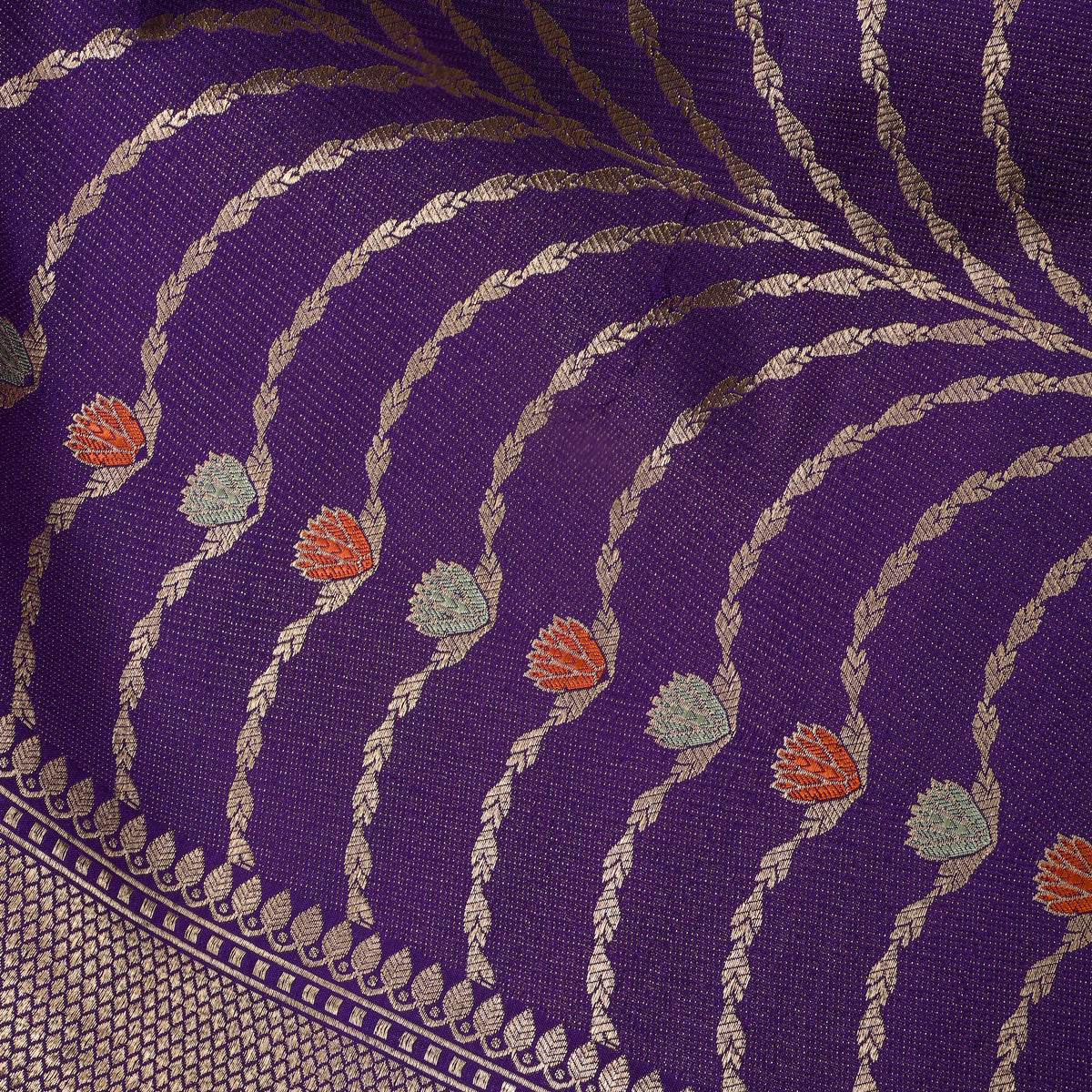 Royal Purple Gold Zari Vine Butti Self Weave Jamawar Silk Fabric