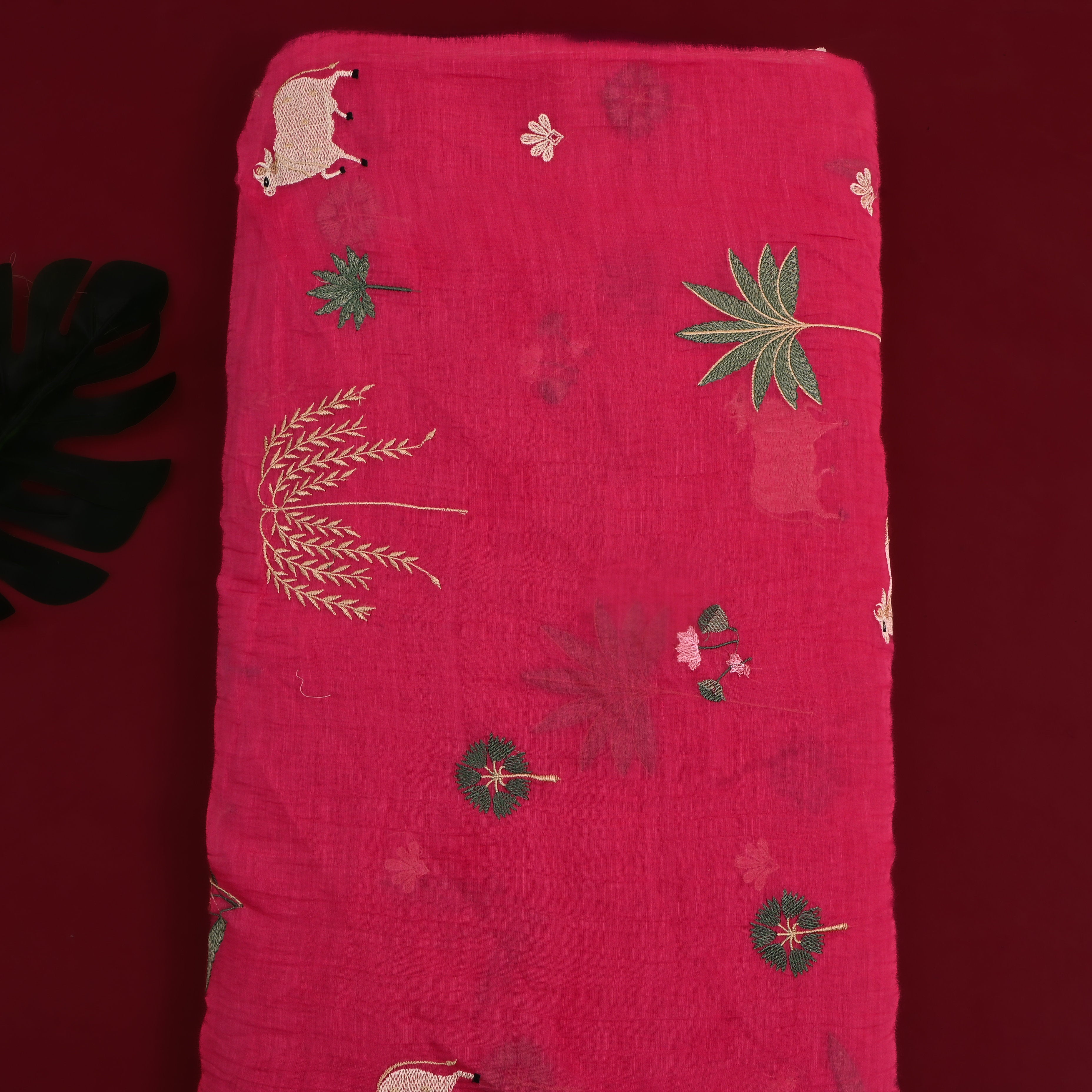 Crimson Pink Embroidered Chanderi Fabric