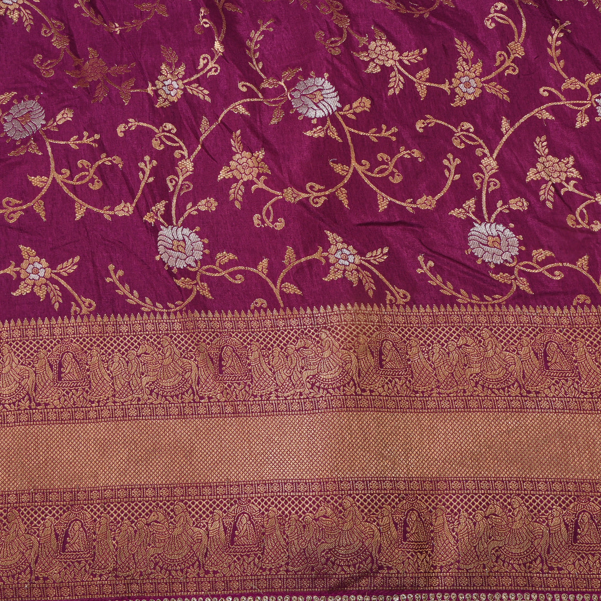 Plum Dual Tone Floral Jaal Jamawar Silk Fabric