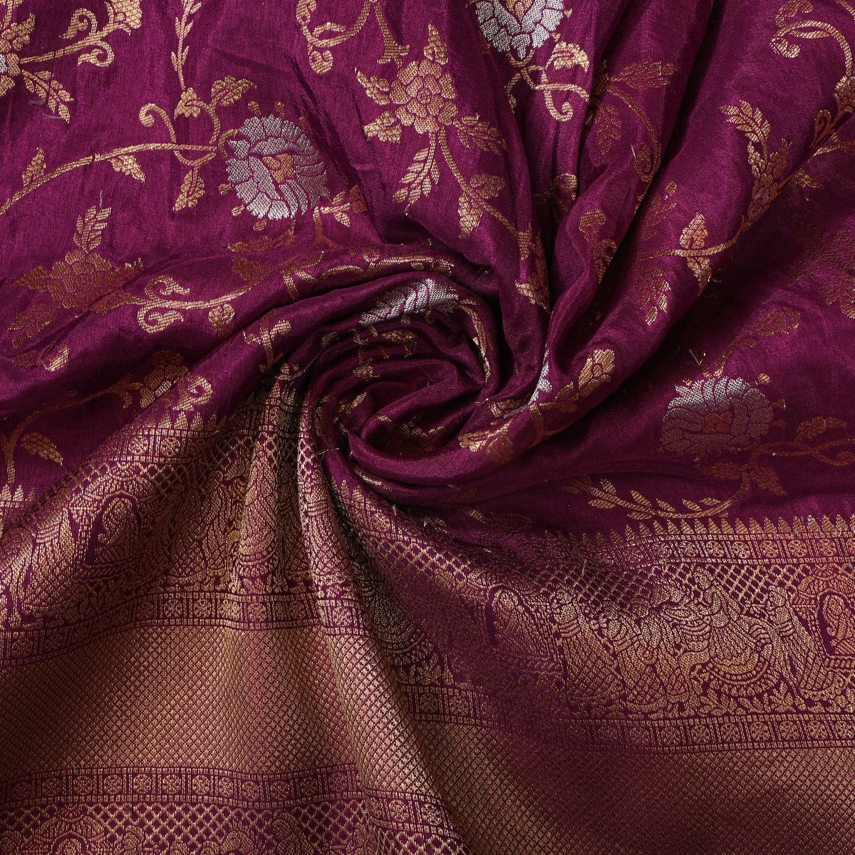Plum Dual Tone Floral Jaal Jamawar Silk Fabric