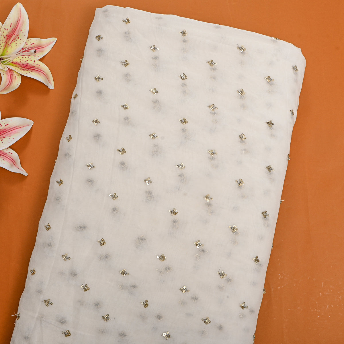Milk White Gold Sequin Butti Georgette Fabric