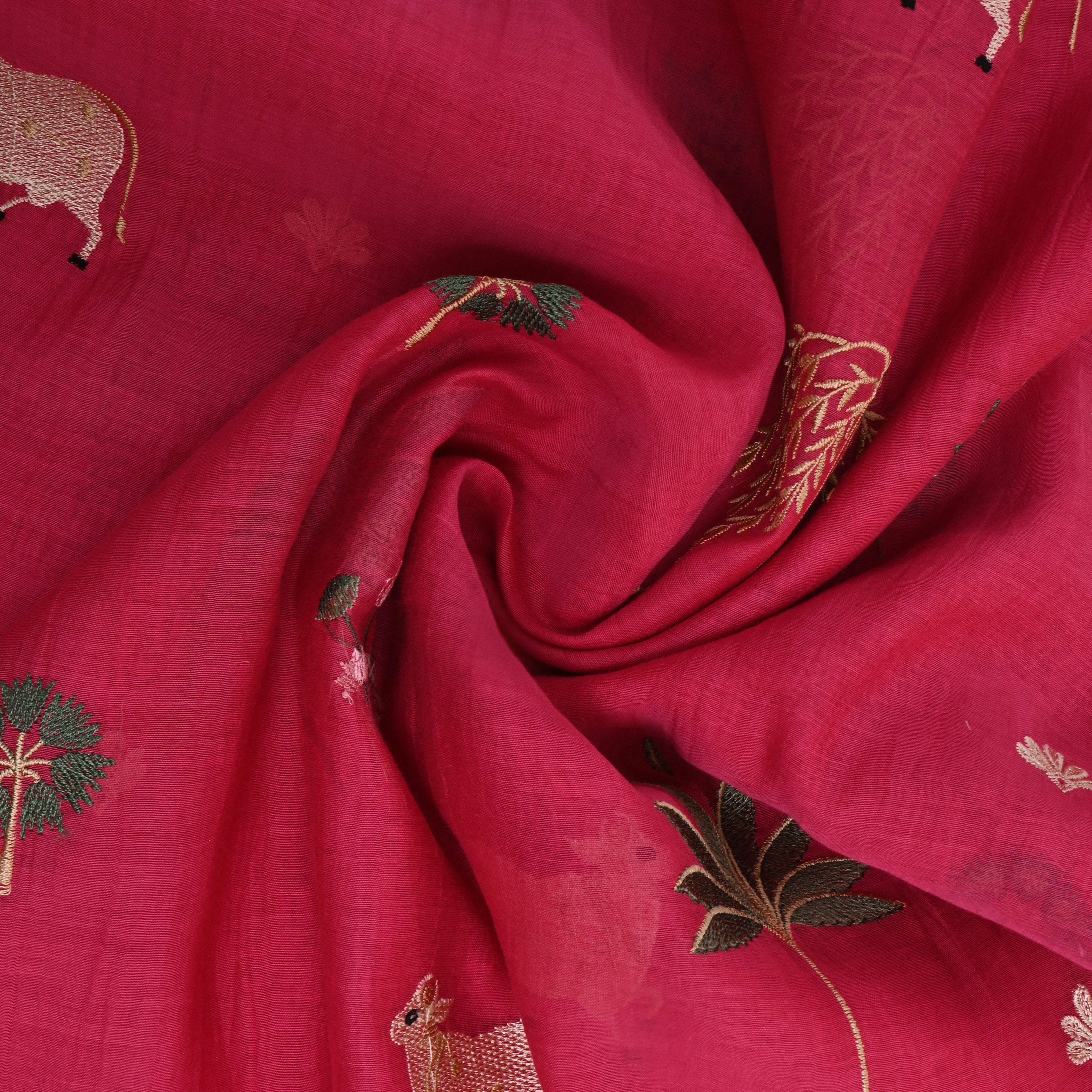 Crimson Pink Embroidered Chanderi Fabric