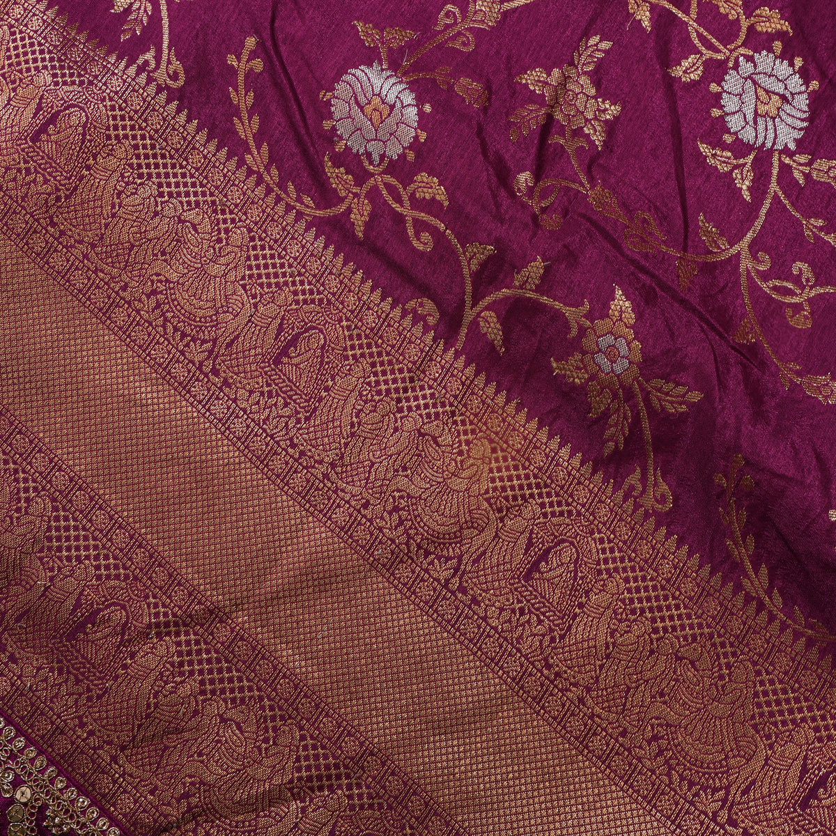 Plum Dual Tone Floral Jaal Jamawar Silk Fabric