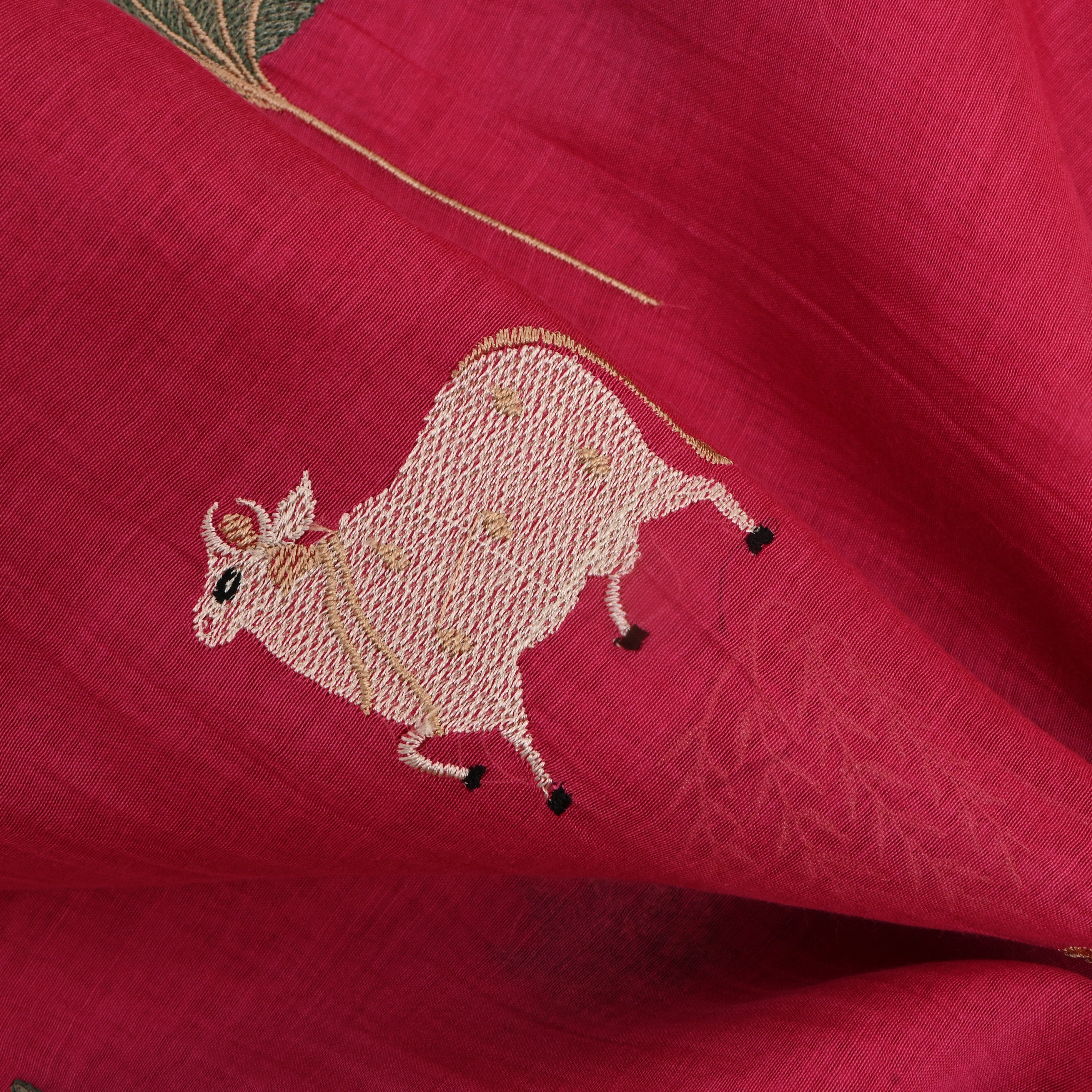 Crimson Pink Embroidered Chanderi Fabric