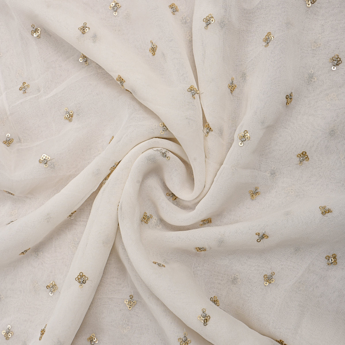 Milk White Gold Sequin Butti Georgette Fabric