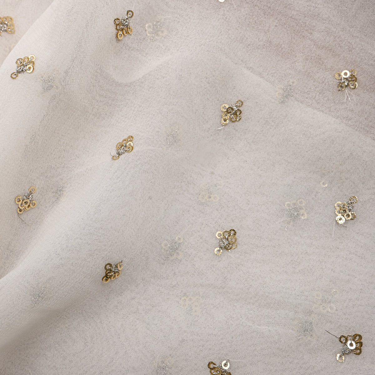Milk White Gold Sequin Butti Georgette Fabric