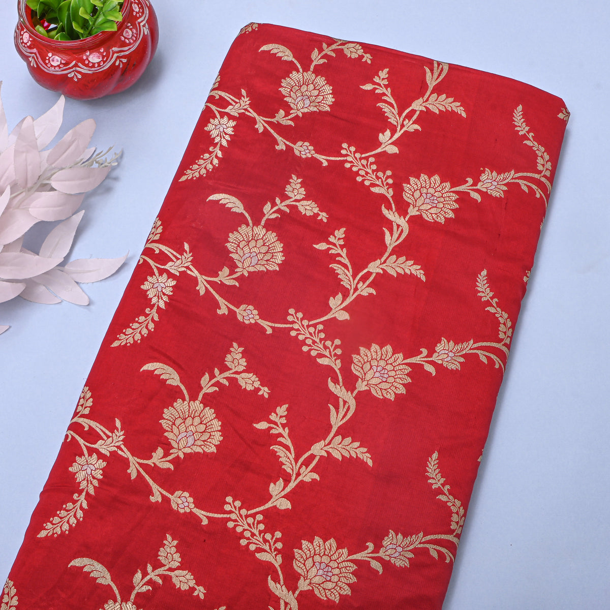 Tangerine Orange Dual Zari Floral Jall Banarasi Silk Fabric