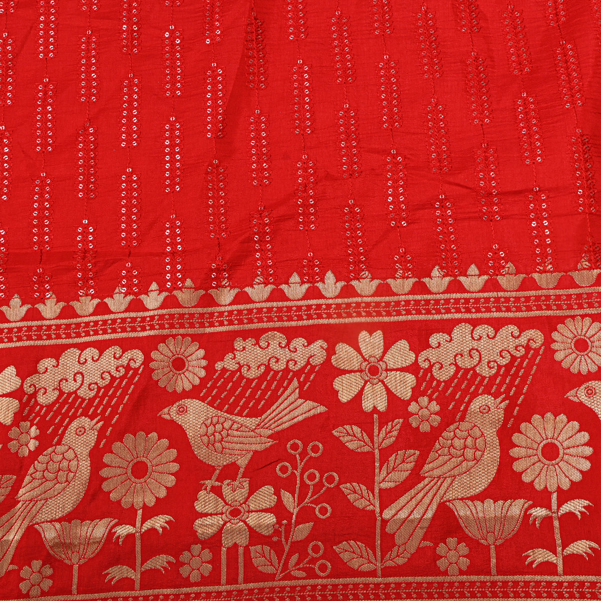 Tomato Sequin Leaf Stripe Embroidery Silk Fabric