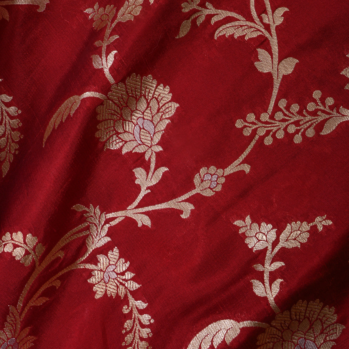 Ruby Red Dual Zari Floral Jaal Banarasi Silk Fabric