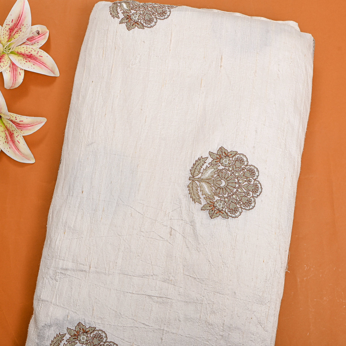 White Gold Floral Embroidered Raw Silk Fabric