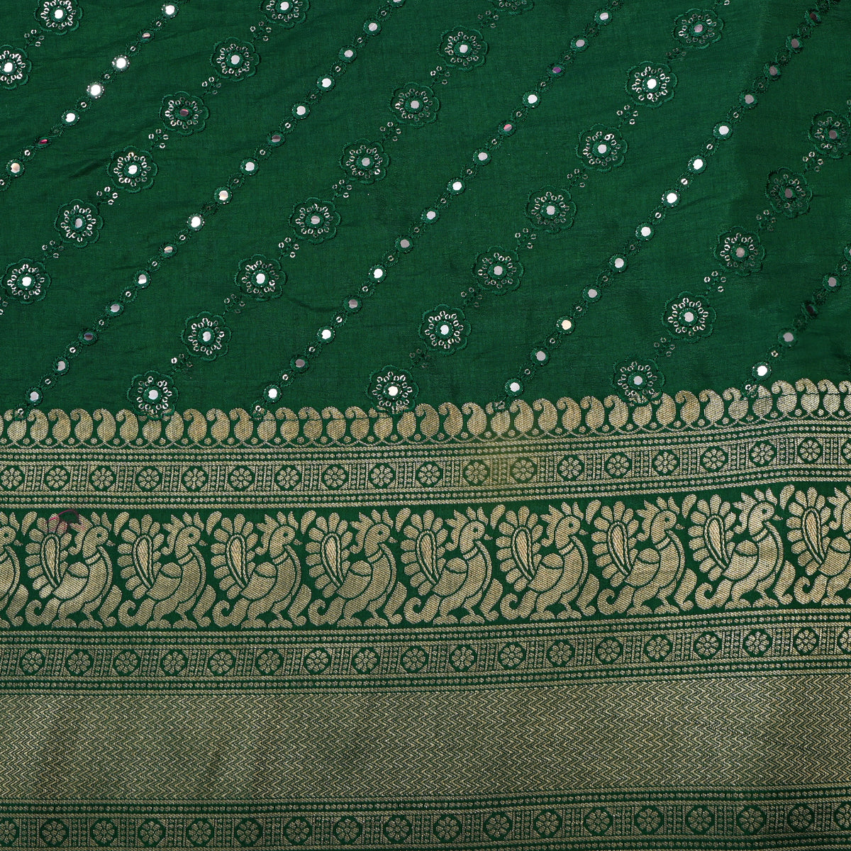 Emerald Mirror Work Floral Embroidery Silk Fabric