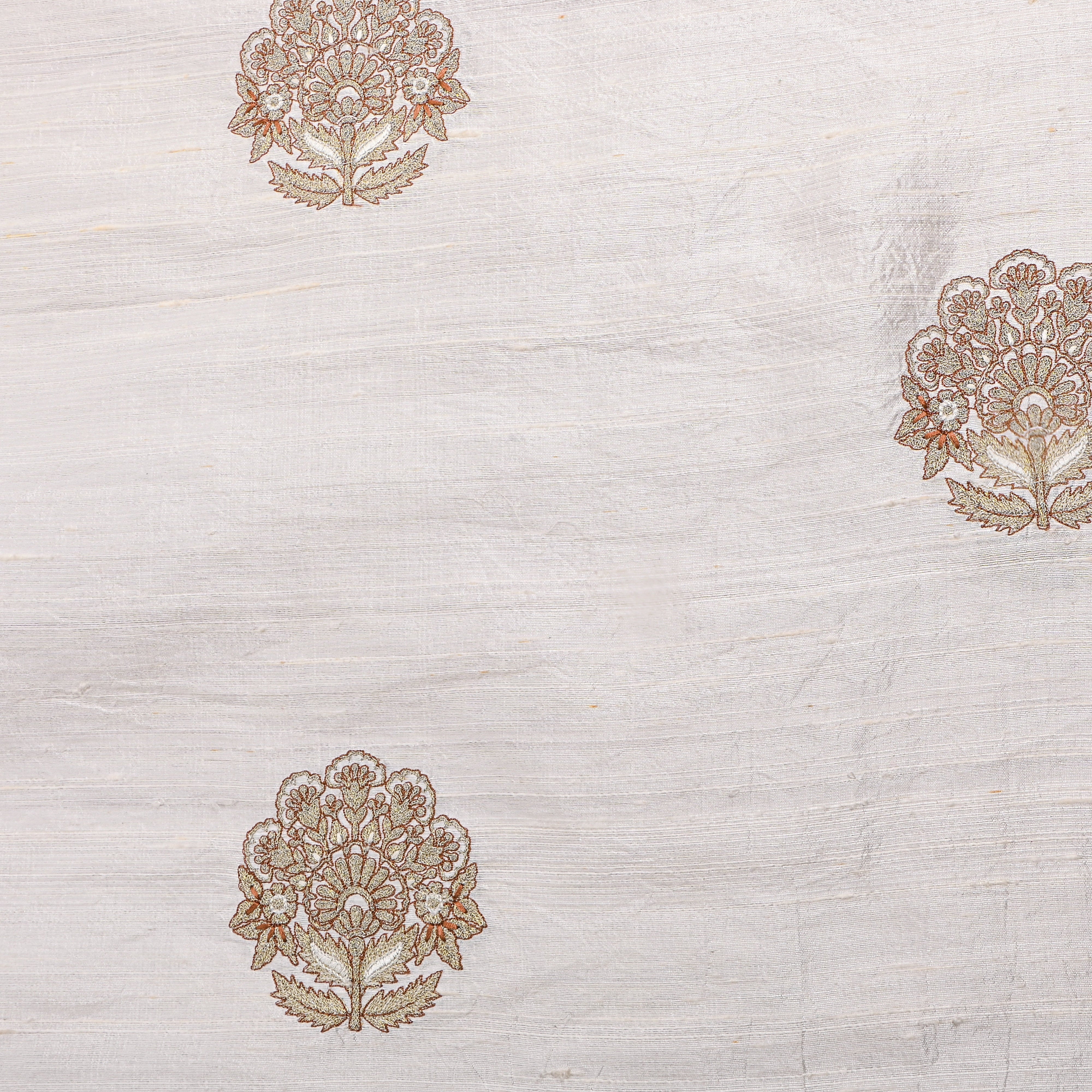 White Gold Floral Embroidered Raw Silk Fabric