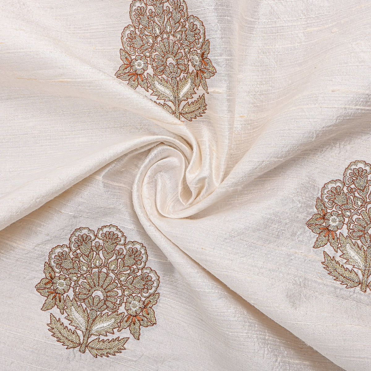 White Gold Floral Embroidered Raw Silk Fabric