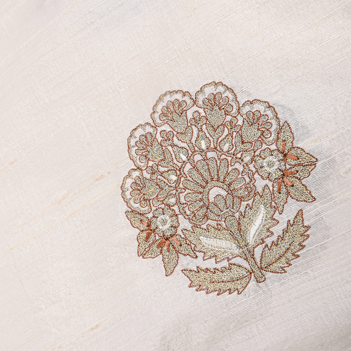 White Gold Floral Embroidered Raw Silk Fabric