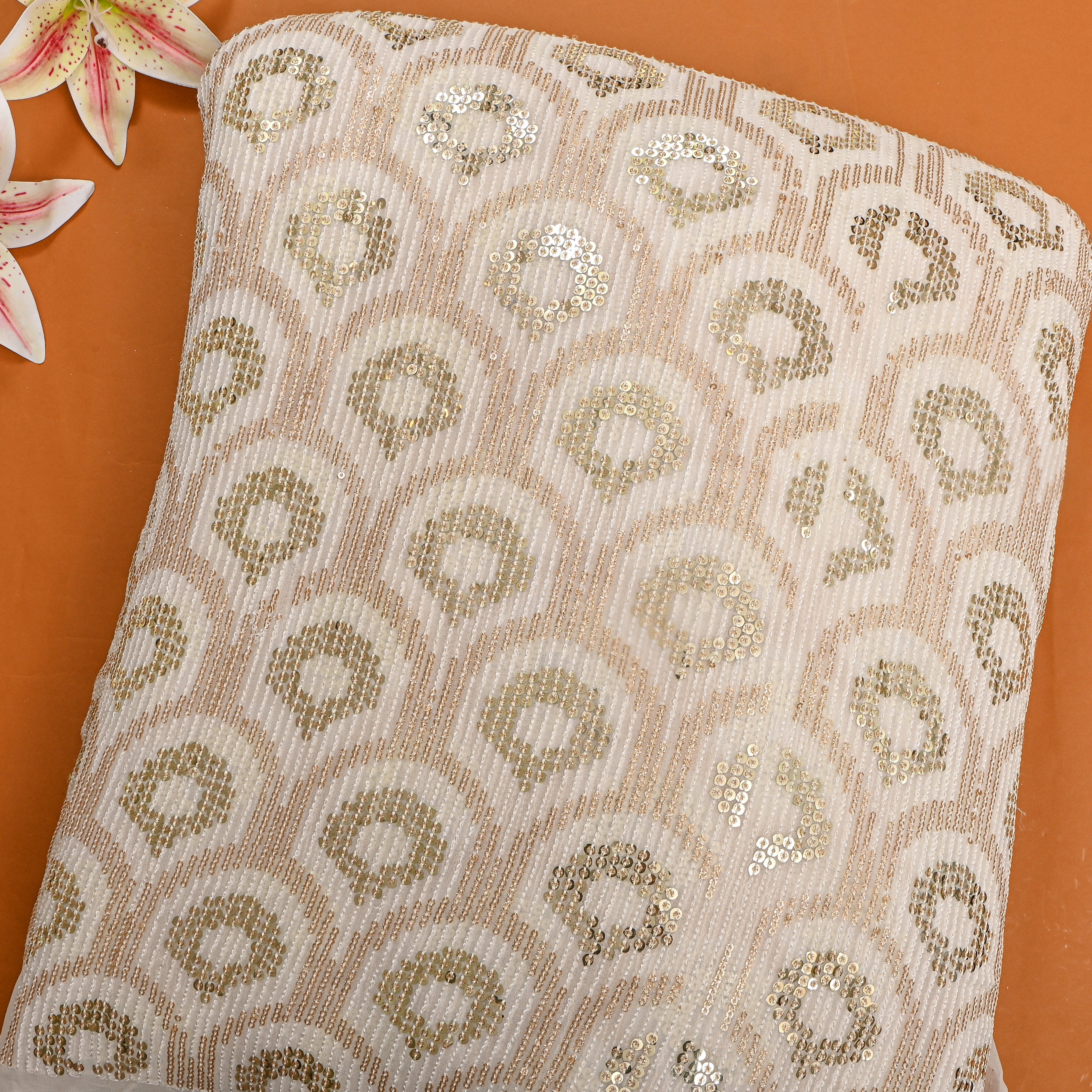 Golden White Embroidery Georgette Fabric