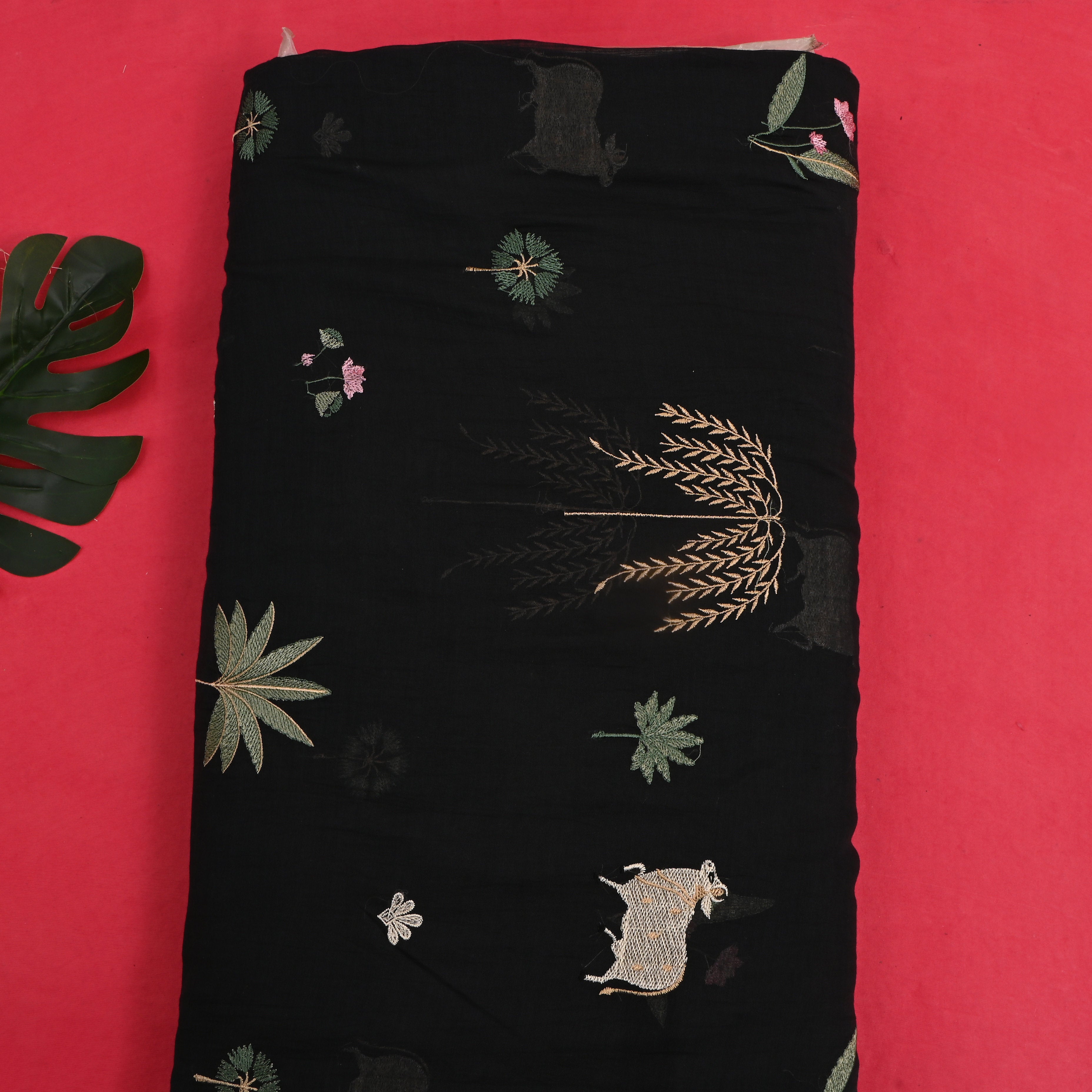 Black Embroidered Chanderi Fabric