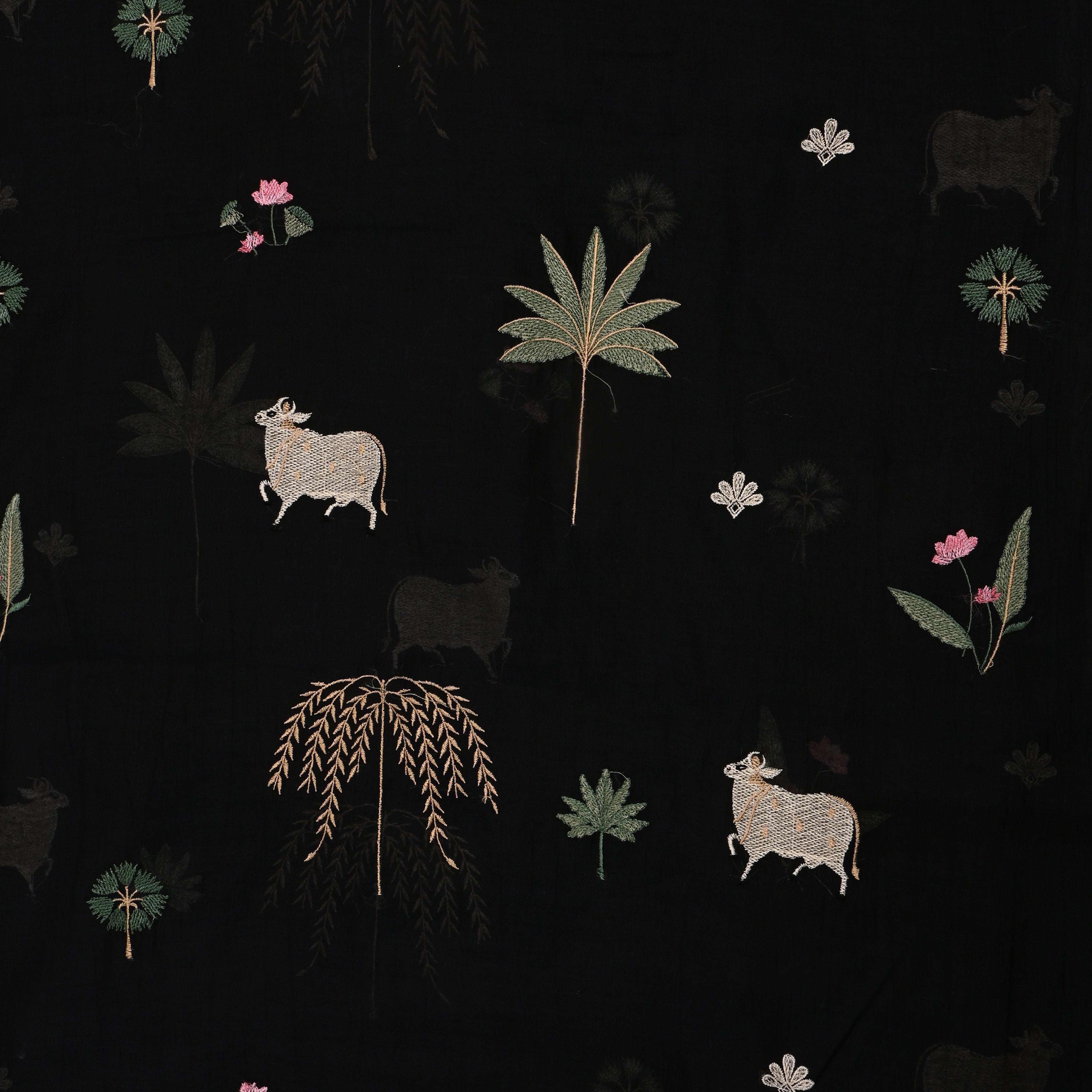Black Embroidered Chanderi Fabric