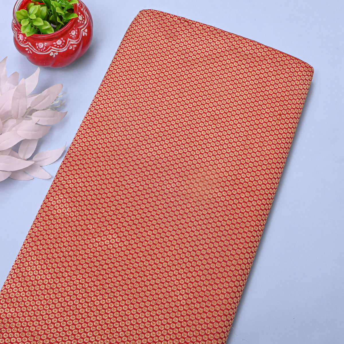 Orange Gold Butti Jamawar Silk Fabric