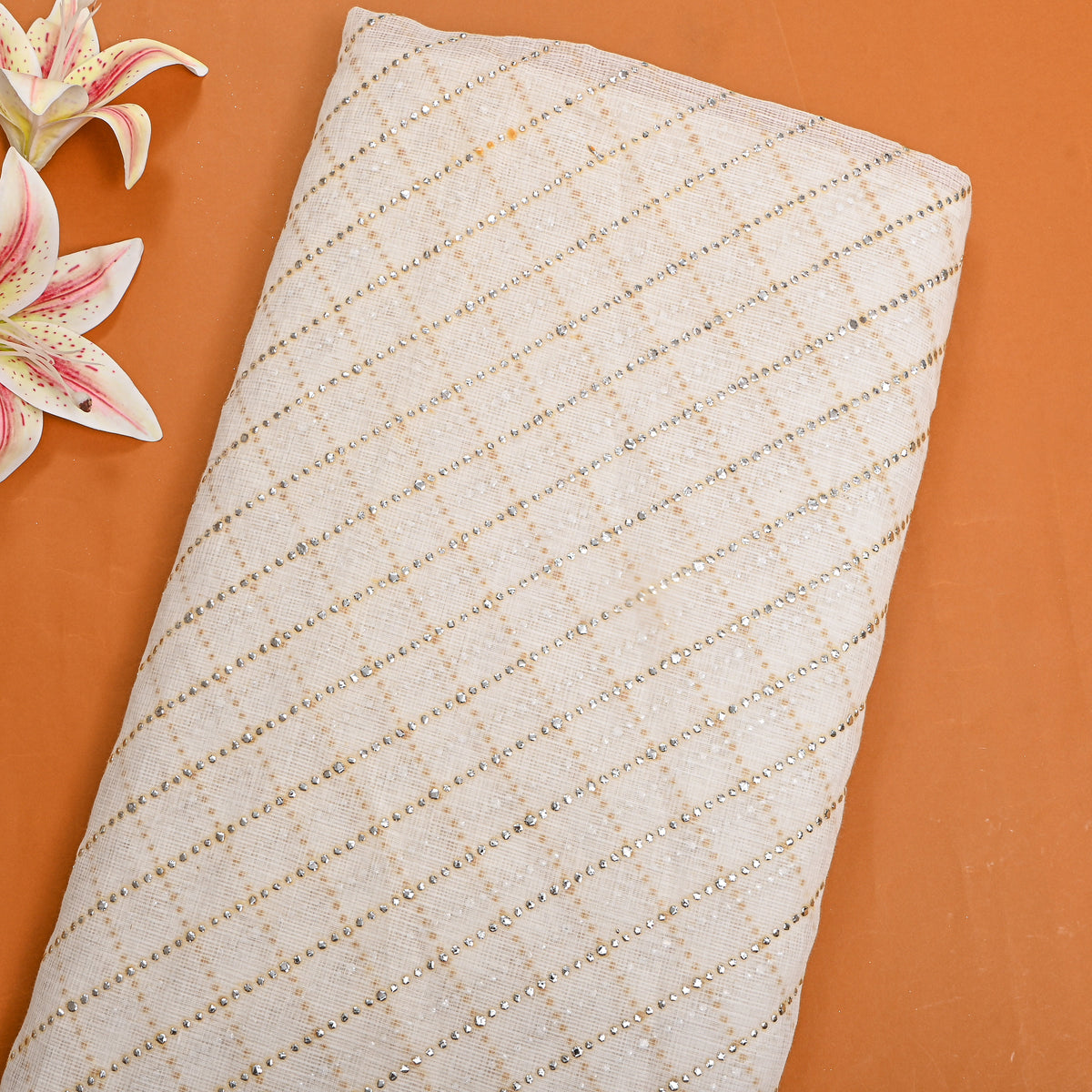 Neutral White Foil Striped Kota Doria Fabric