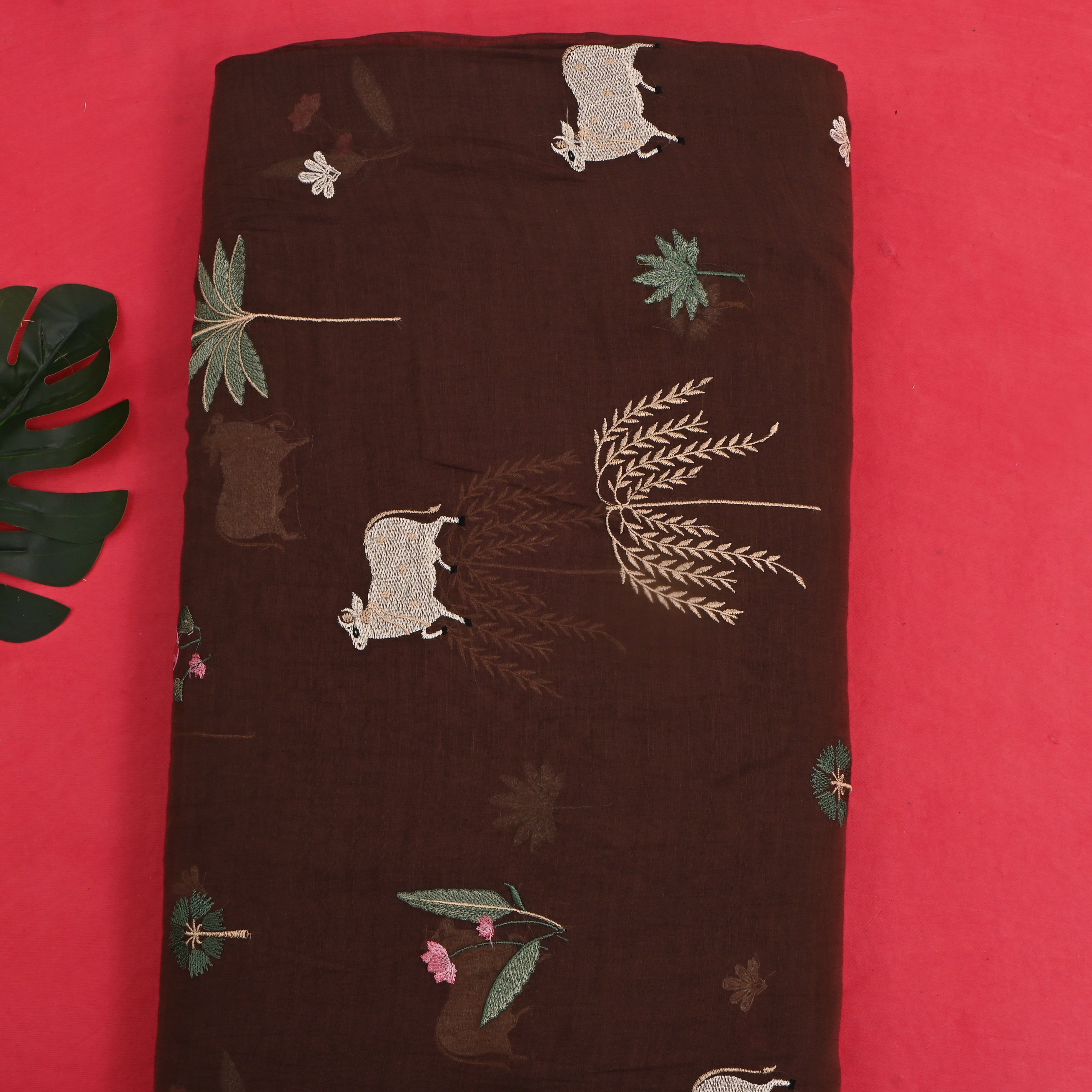 Dark Brown Embroidered Chanderi Fabric